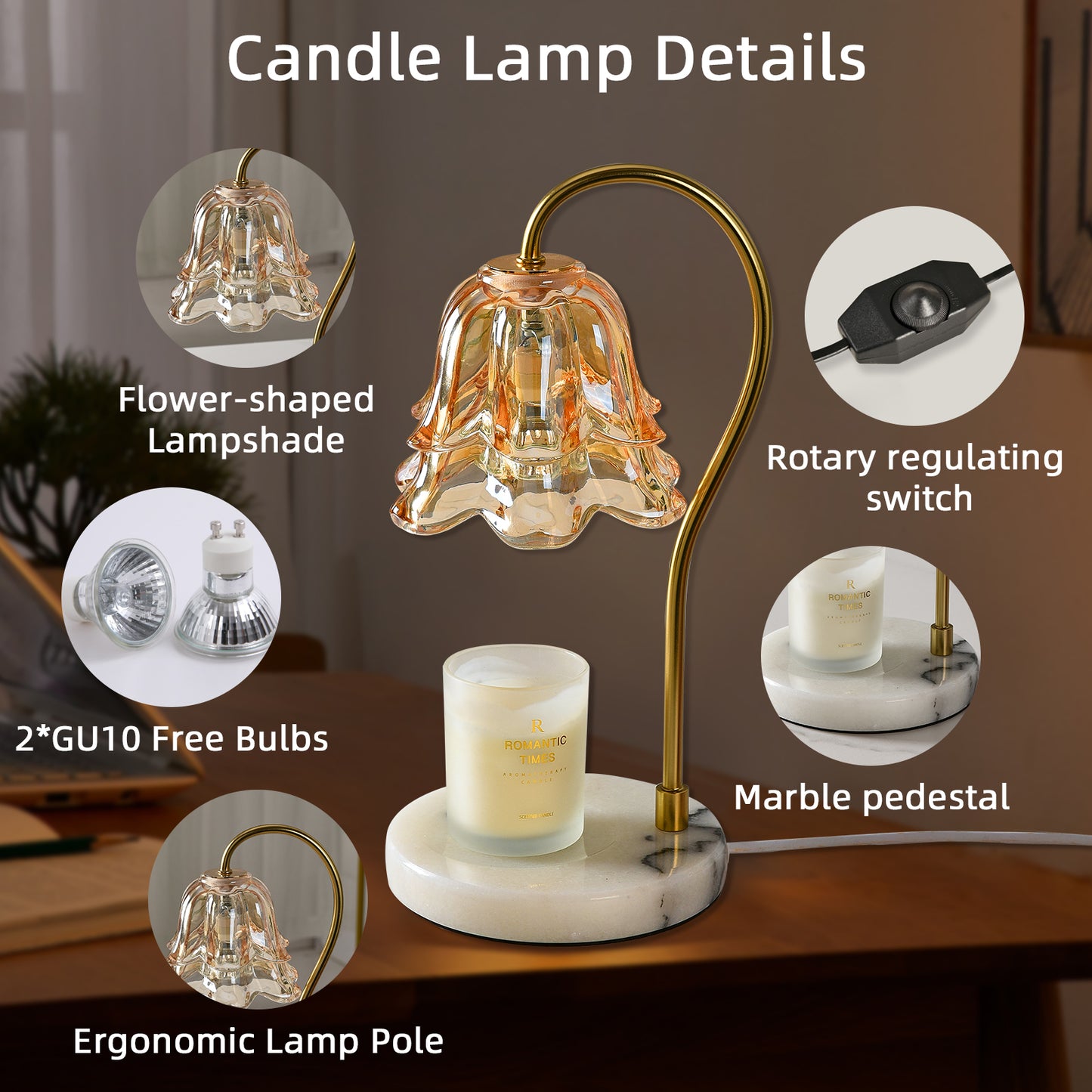 REYDELUZ 17.3"Candle Warmer Lamps,Glass shade and marble base