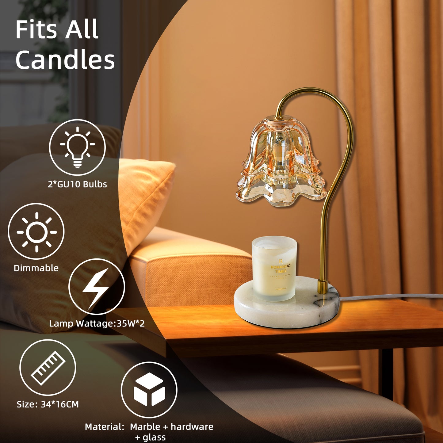 REYDELUZ 17.3"Candle Warmer Lamps,Glass shade and marble base