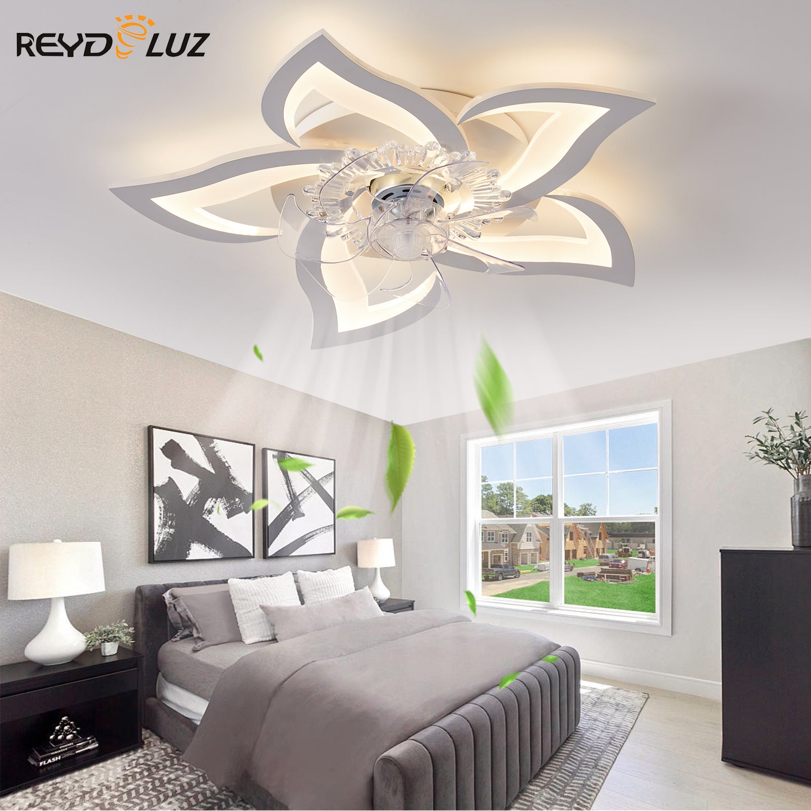 REYDELUZ Low Profile Ceiling Fan with Lights,Modern Dimmable Flower Shape Ceiling Light Fan with Remote Control/App Control,for Bedroom/Children's Room.