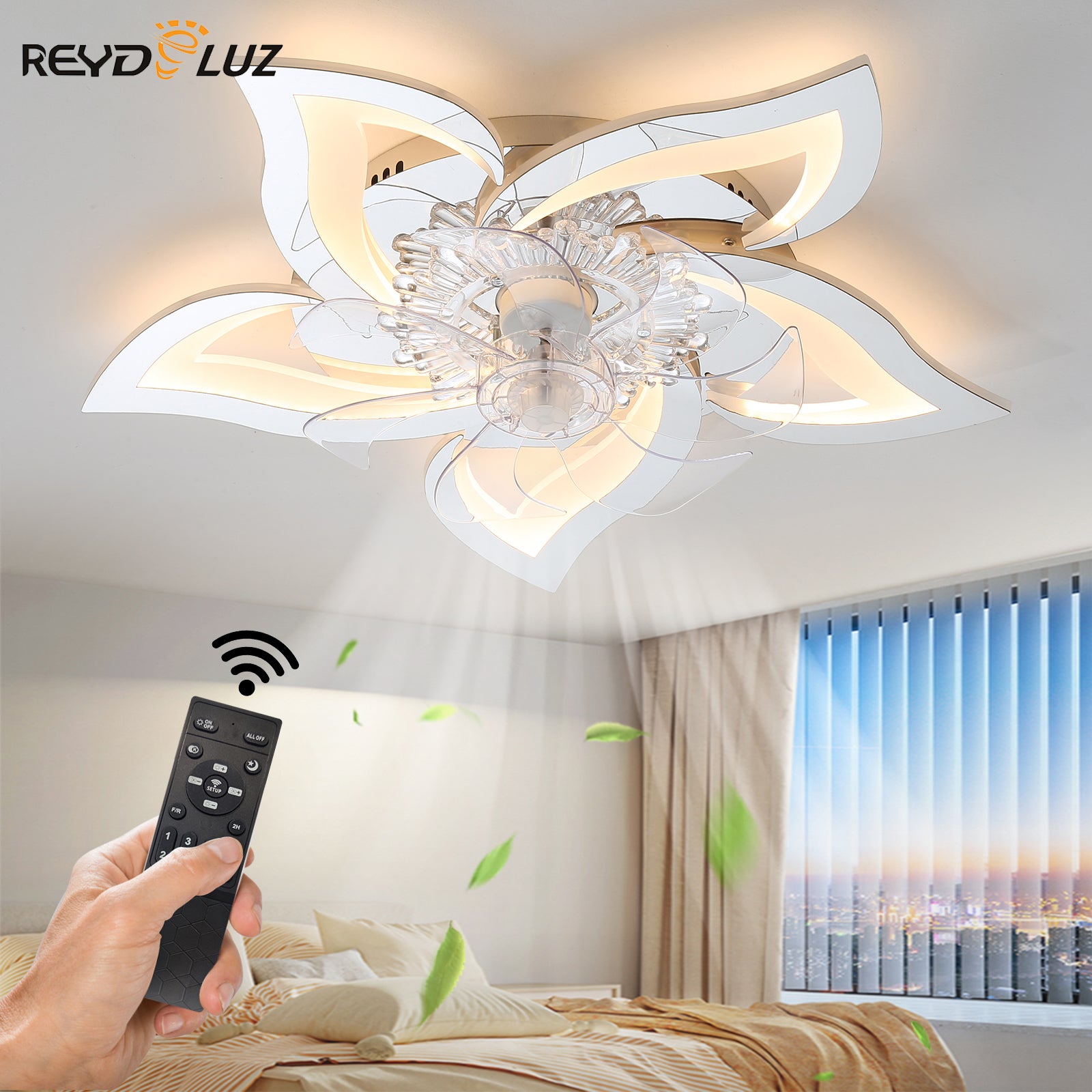 REYDELUZ Low Profile Ceiling Fan with Lights,Modern Dimmable Flower Shape Ceiling Light Fan with Remote Control/App Control,for Bedroom/Children's Room.