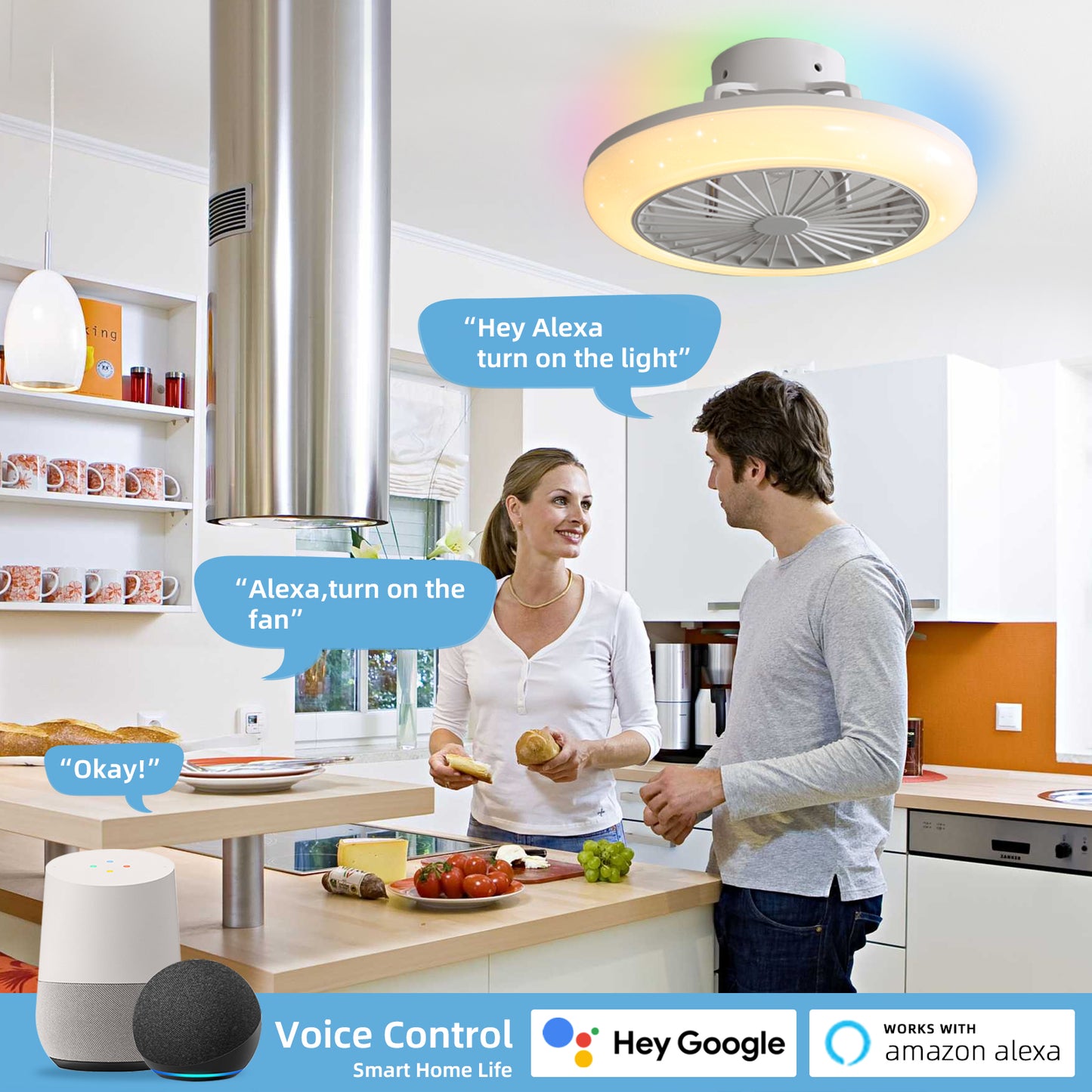 REYDELUZ 18" Smart RGB Ceiling Fan with Alexa/Google/APP.