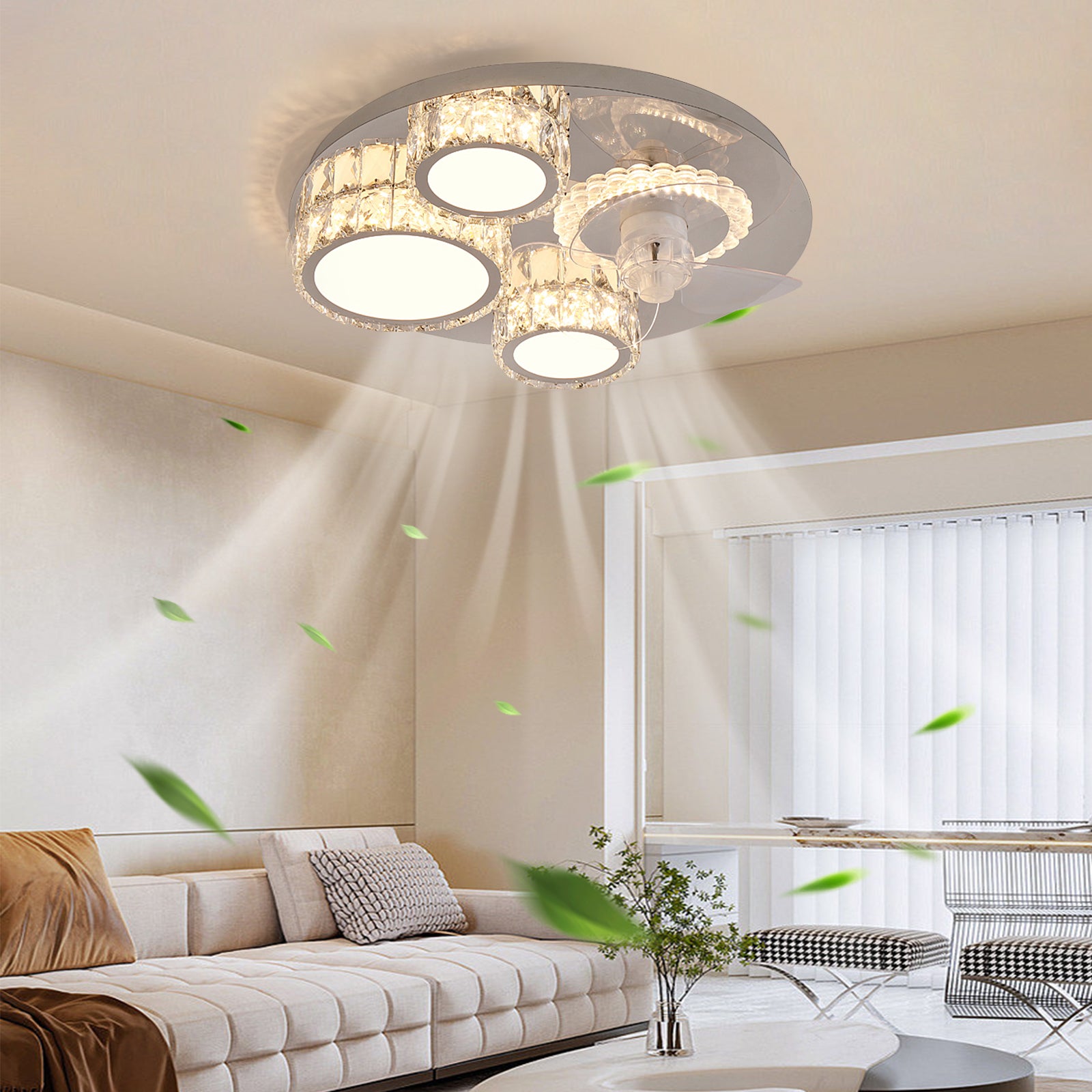 REYDELUZ 19" Crystal Ceiling Fans with Lights,LED 3 Color Remote Control Invisible Blades 6 Speeds Indoor Ceiling Light Kits with Fans for Decorate Small Bedroom