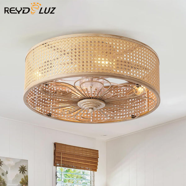 REYDELUZ 20" Boho Caged Ceiling Fan with Farmhouse Rattan