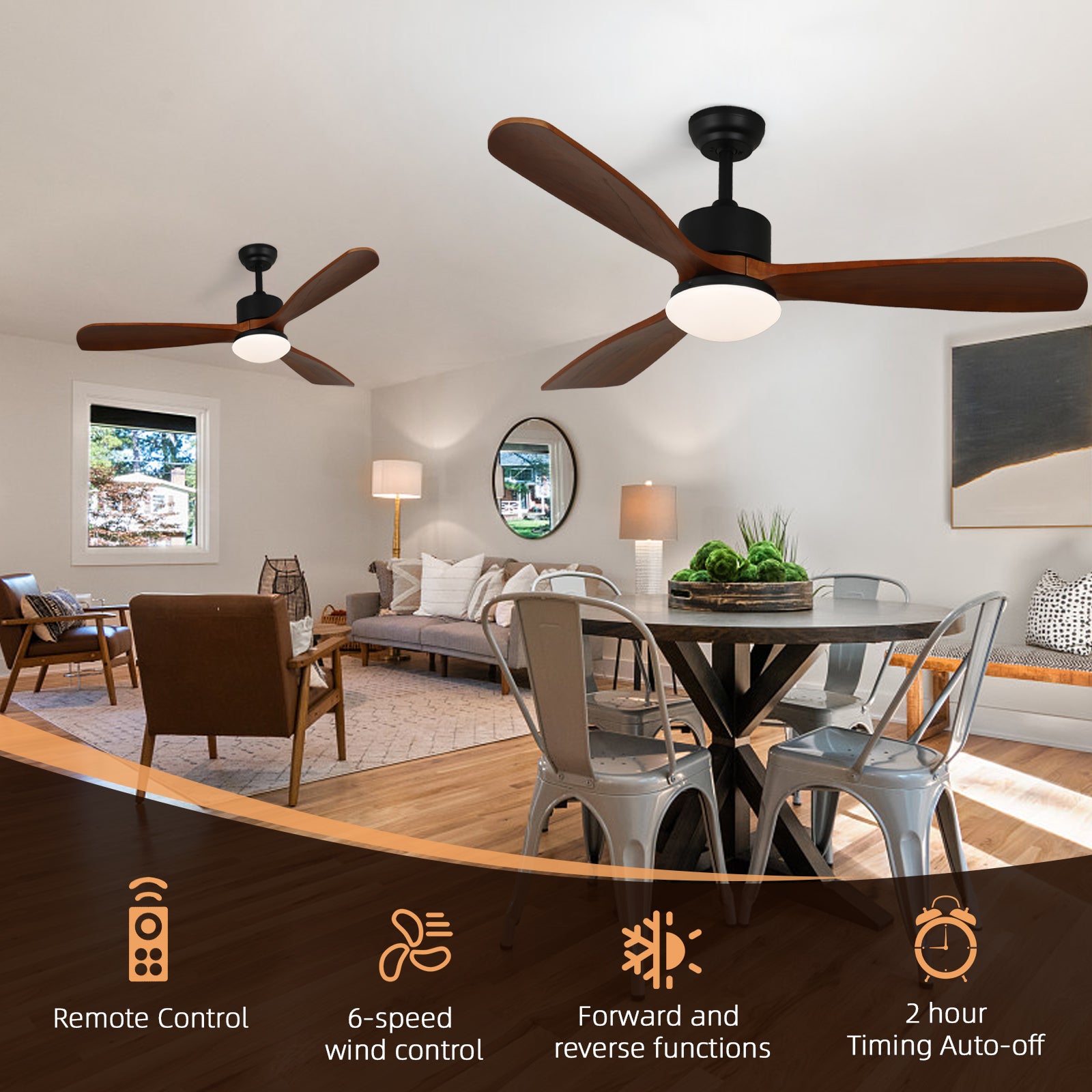 REYDELUZ 52" Ceiling Fan with Lights Remote Control Outdoor Wood Ceiling Fans Noiseless Reversible DC Motor