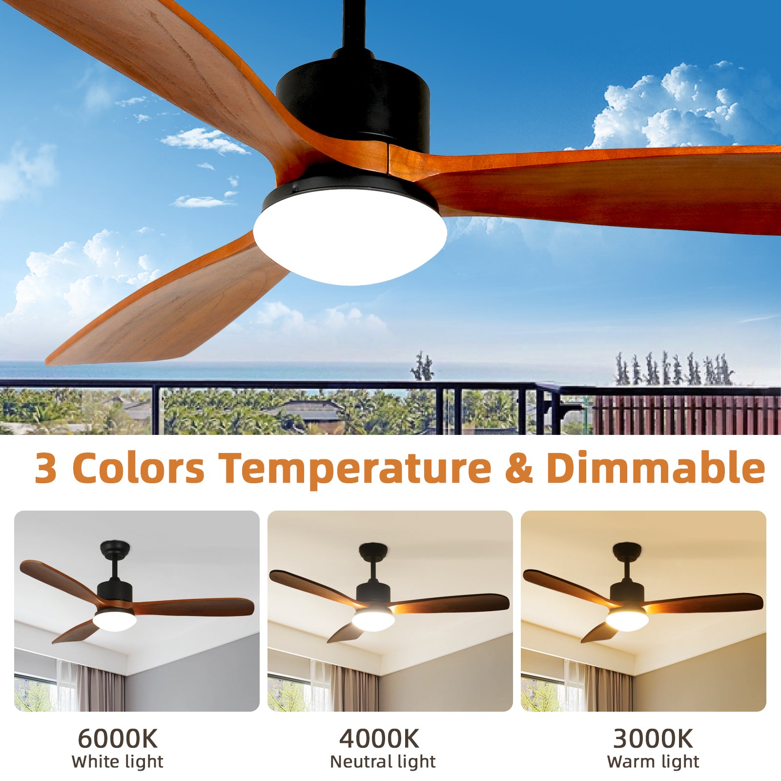 REYDELUZ 52" Ceiling Fan with Lights Remote Control Outdoor Wood Ceiling Fans Noiseless Reversible DC Motor