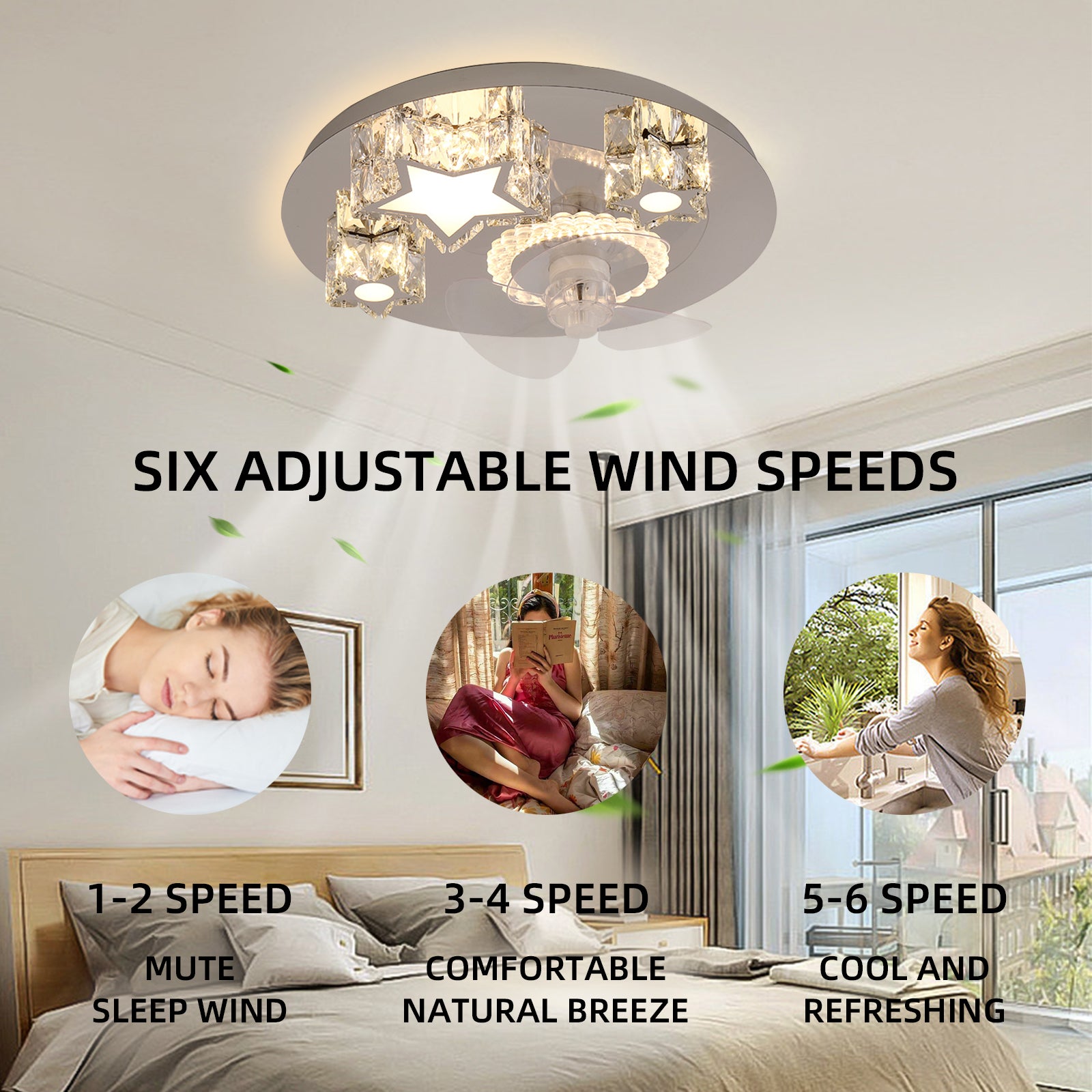 REYDELUZ 19" Crystal Ceiling Fans with Lights,LED 3 Color Remote Control Invisible Blades 6 Speeds Indoor Ceiling Light Kits with Fans for Decorate Small Bedroom