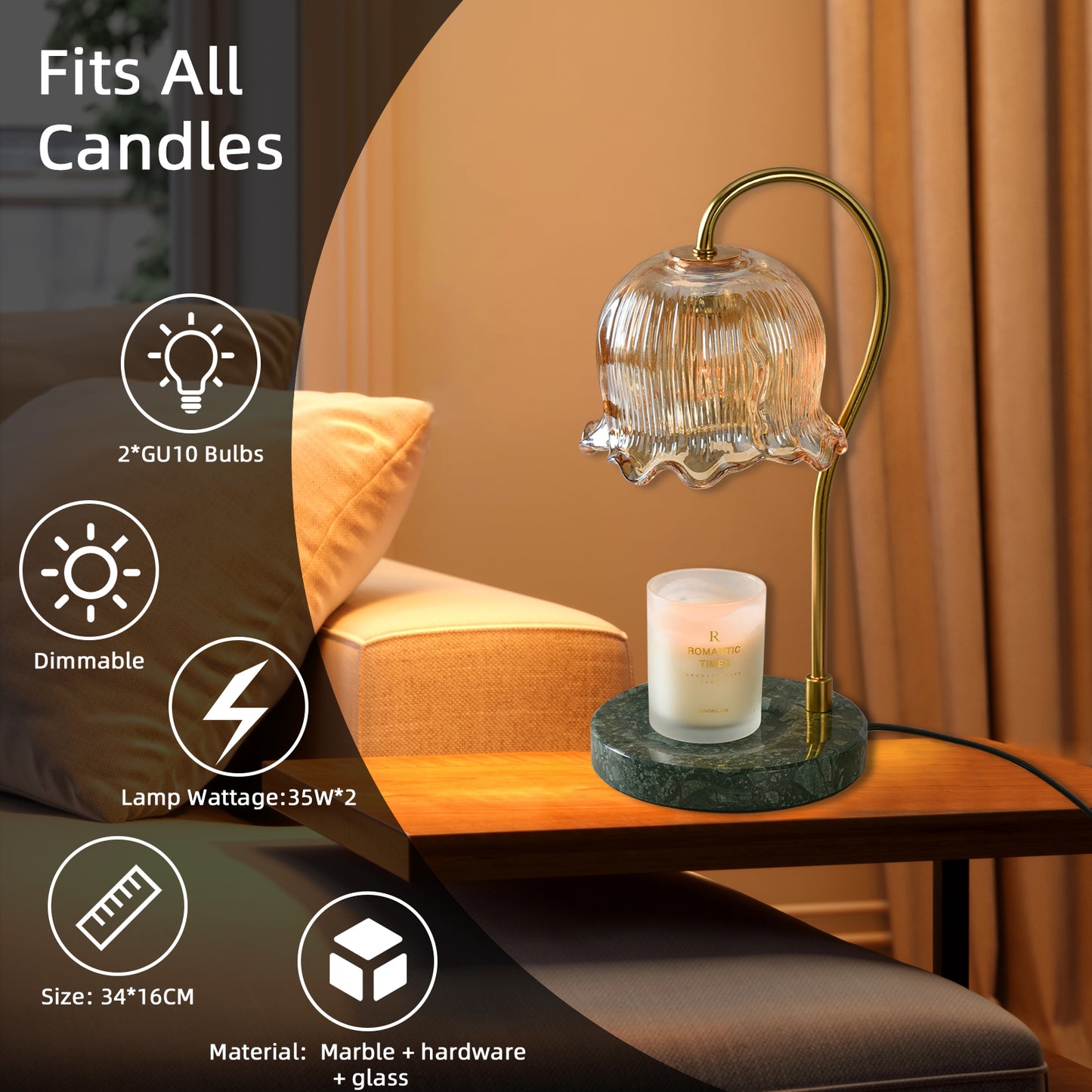 REYDELUZ  17.3"Candle Warmer Lamps，Glass shade and marble base