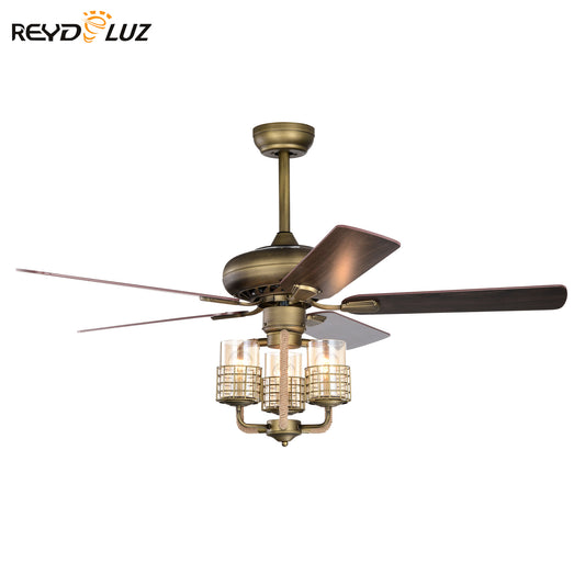 REYDELUZ 52'' Bronze Metal 3 Lights Ceiling Fan with 5 Wood Blades, Remote Control