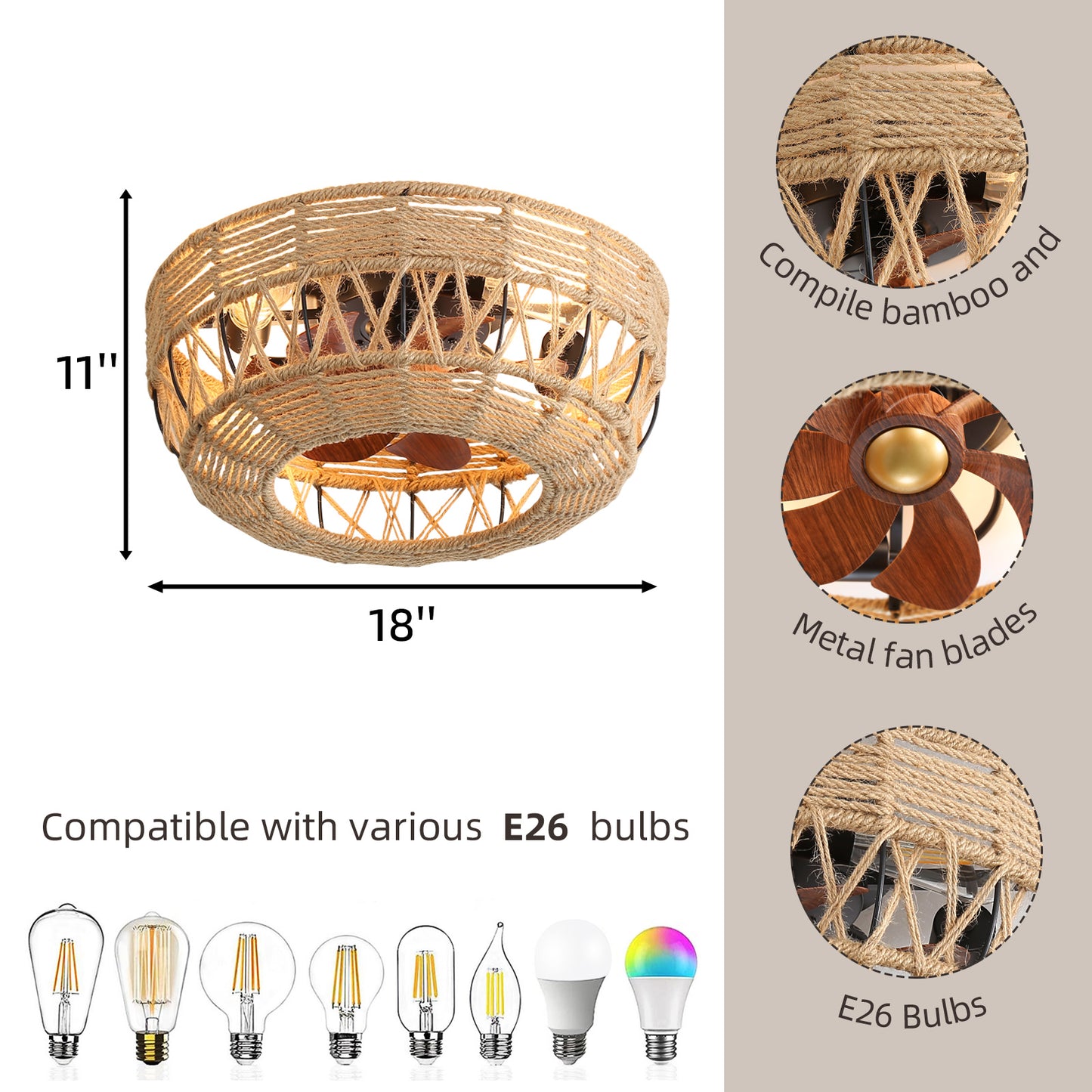 REYDELUZ 19" Boho Ceiling Fans with Lights for Bedroom.
