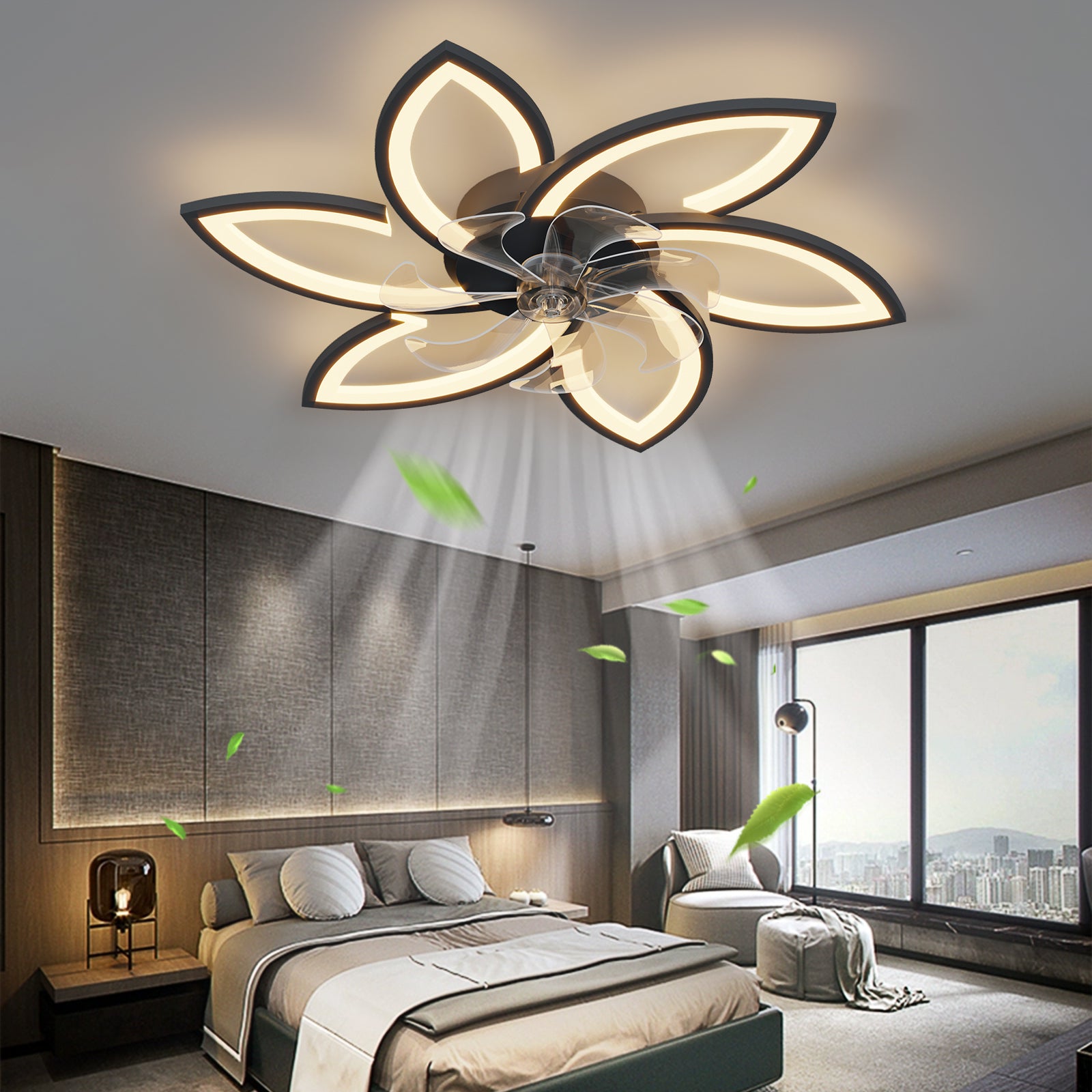 REYDELUZ 35" Ceiling Fan with Lamp, Led Ceiling Fan Flower Shape Bedroom Ceiling Lamp Remote Control 3 Colors Switching 6 Wind Speed for Bedroom，Living Room Fan Ceiling Lamp