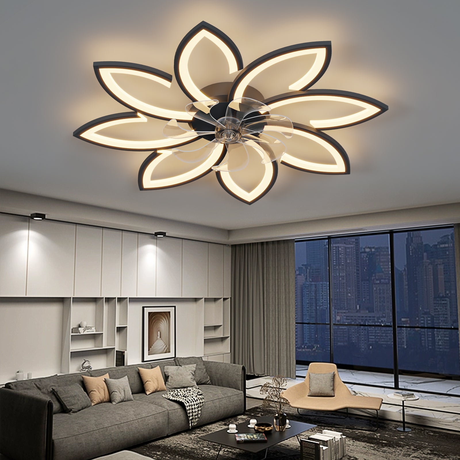 REYDELUZ 35" Ceiling Fan with Lamp, Led Ceiling Fan Flower Shape Bedroom Ceiling Lamp Remote Control 3 Colors Switching 6 Wind Speed for Bedroom，Living Room Fan Ceiling Lamp