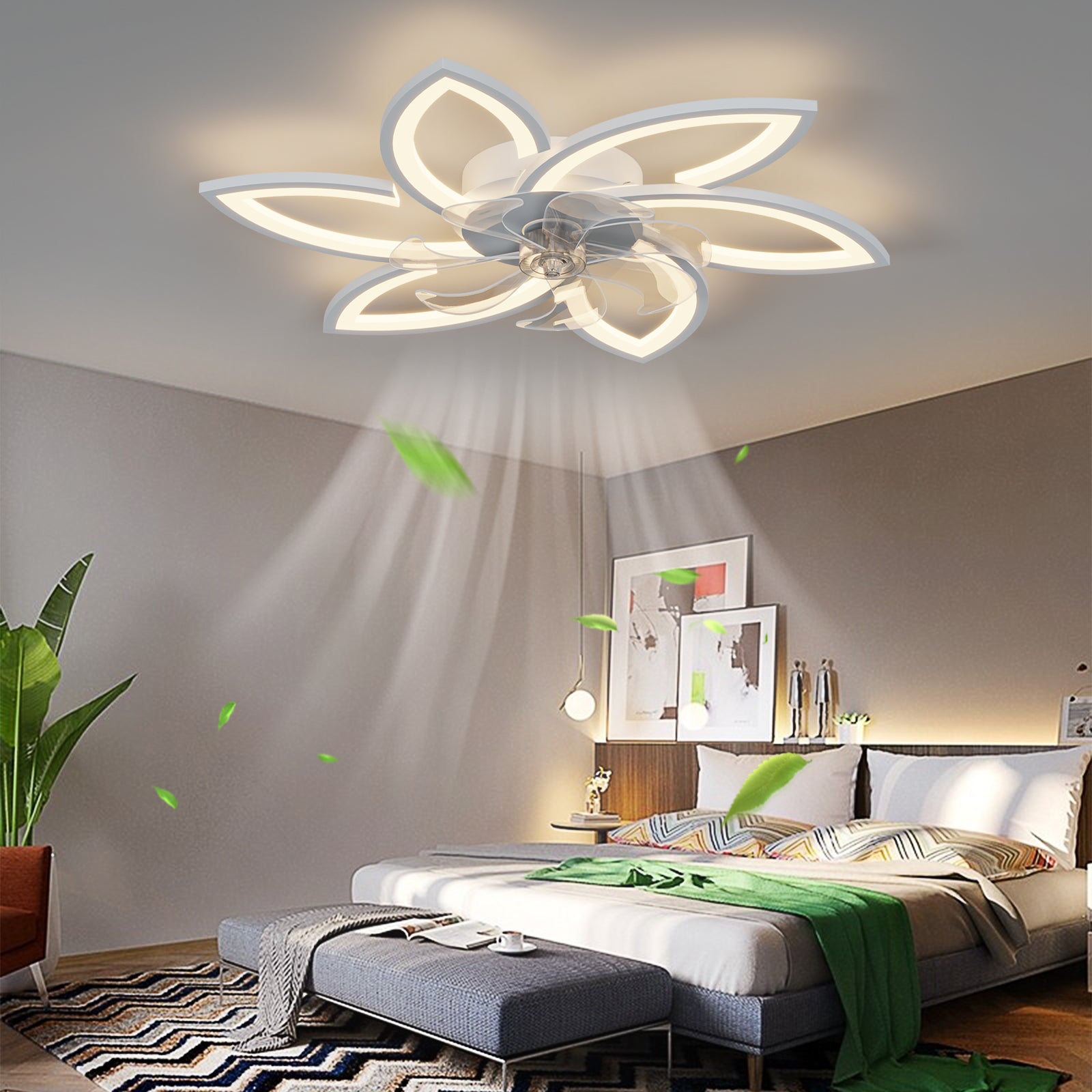 REYDELUZ 35" Ceiling Fan with Lamp, Led Ceiling Fan Flower Shape Bedroom Ceiling Lamp Remote Control 3 Colors Switching 6 Wind Speed for Bedroom，Living Room Fan Ceiling Lamp
