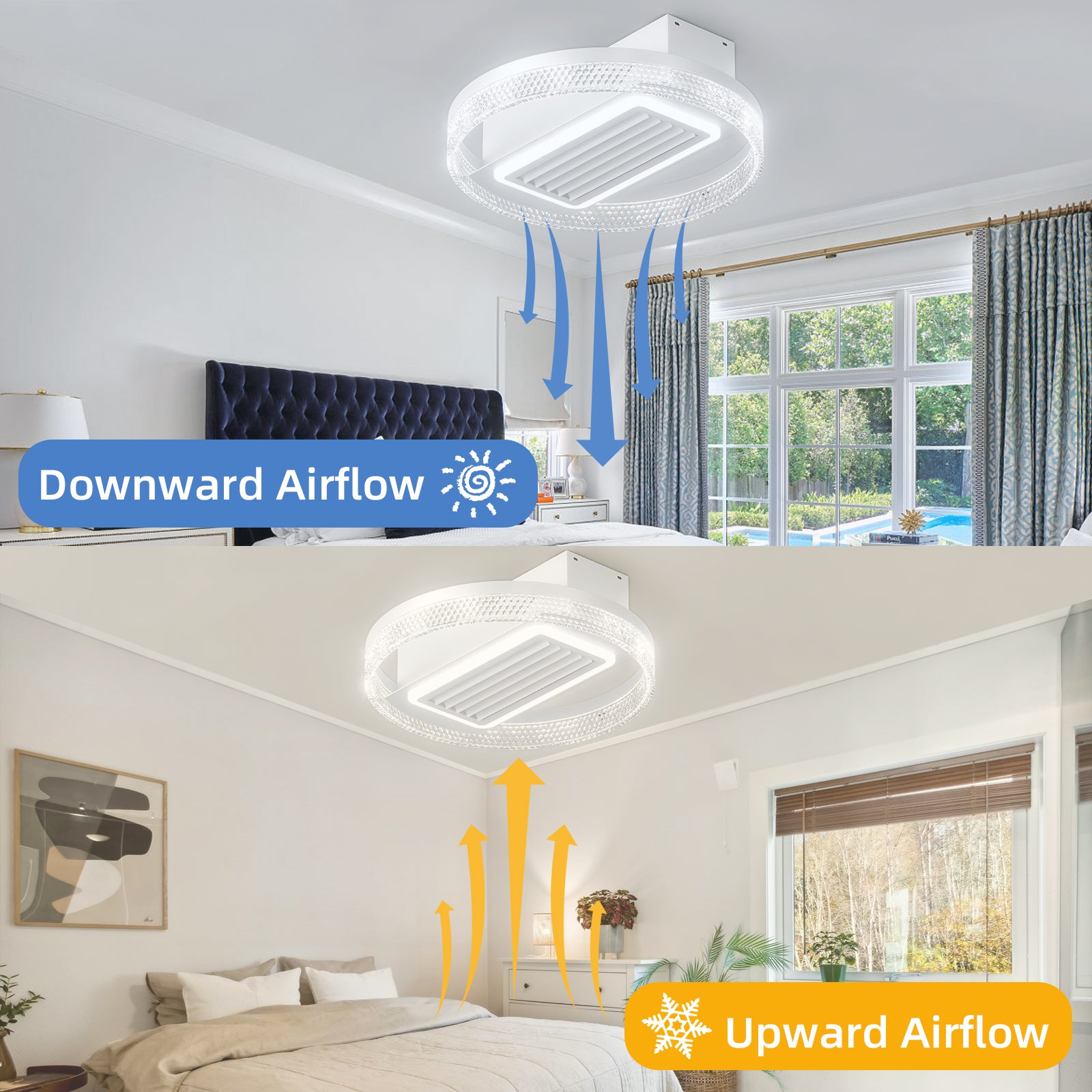 Leafless fans 20” Crystal Dimmable Led Fan Lamp, Ceiling Fan with Light and Remote Control, Ceiling Fan No Blade Design Removable and Washable,120° Swing Wind Ceiling Lamp for Bedroom