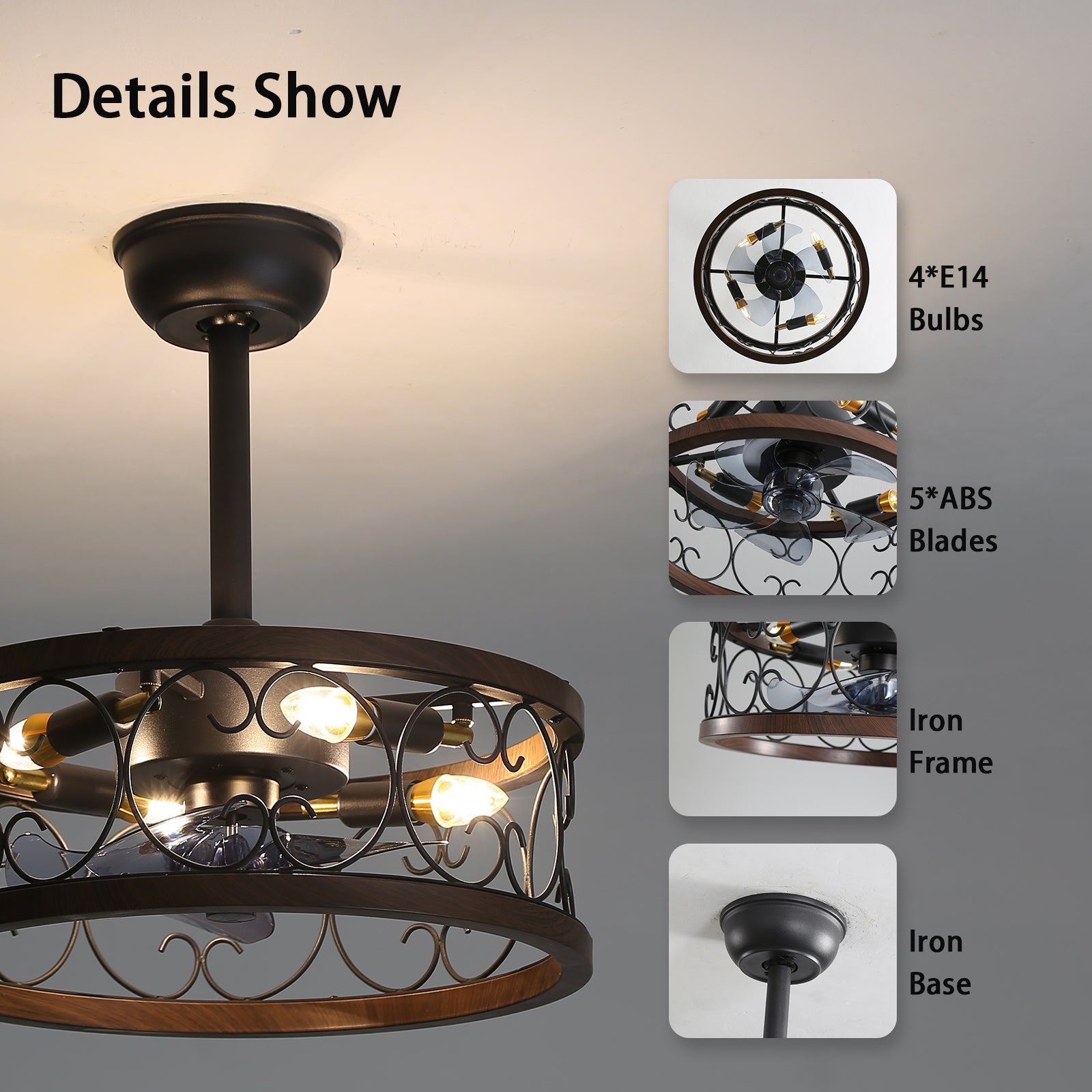 MS-0001 American retro E27 / E14 ceiling fan light and ceiling fan chandelier, monochromatic lamp and 6 gear wind speed, can be controlled using a remote control, suitable for bedroom study dining room etc