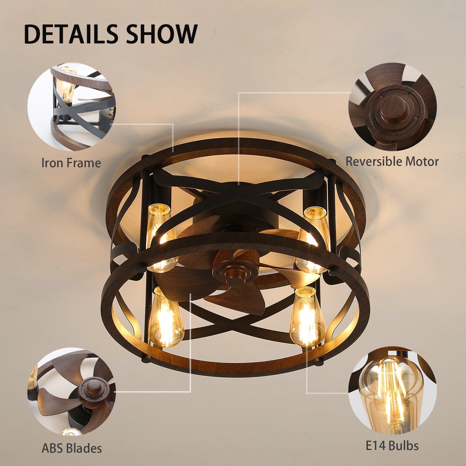 MS-0001 American retro E27 / E14 ceiling fan light and ceiling fan chandelier, monochromatic lamp and 6 gear wind speed, can be controlled using a remote control, suitable for bedroom study dining room etc
