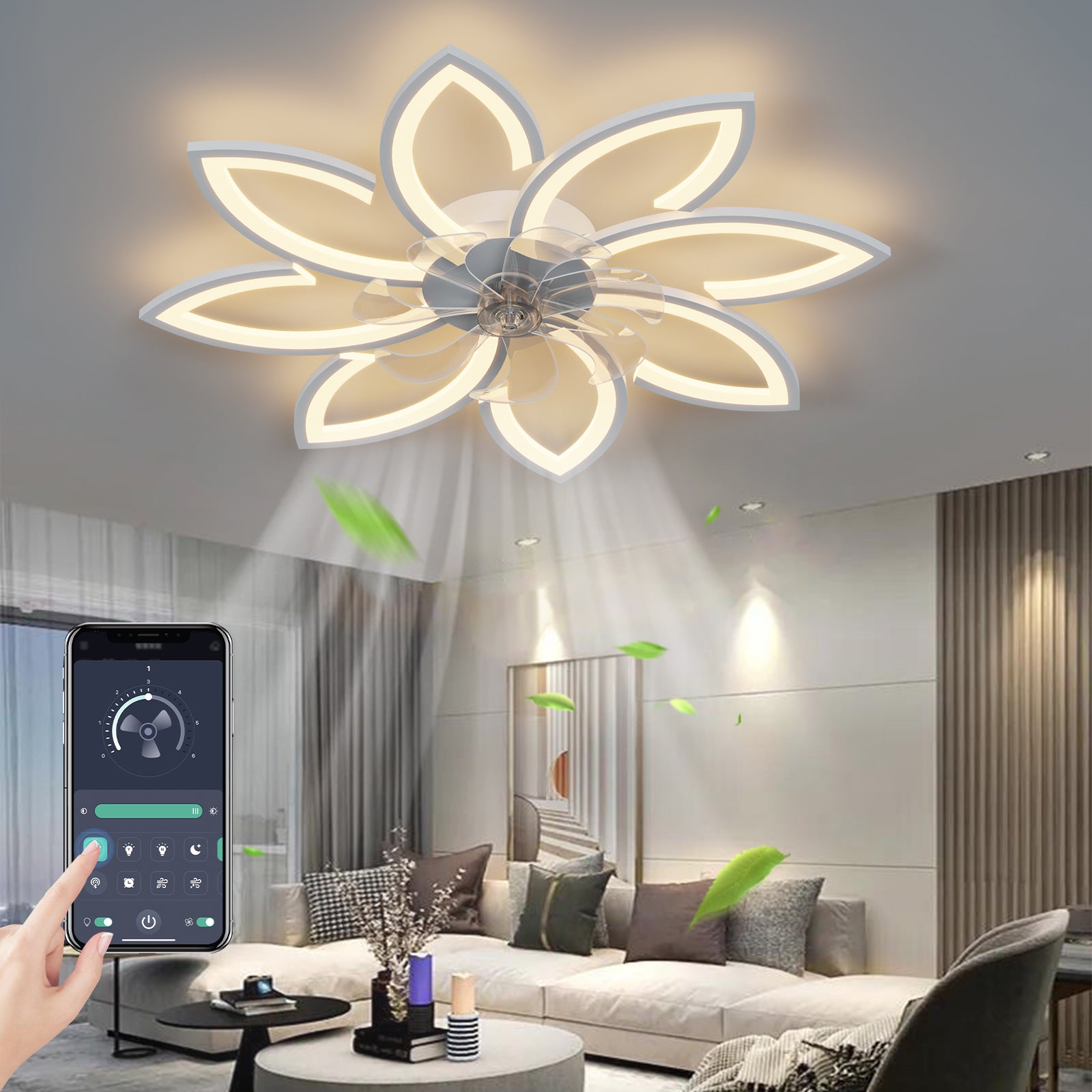 REYDELUZ 35" Ceiling Fan with Lamp, Led Ceiling Fan Flower Shape Bedroom Ceiling Lamp Remote Control 3 Colors Switching 6 Wind Speed for Bedroom，Living Room Fan Ceiling Lamp