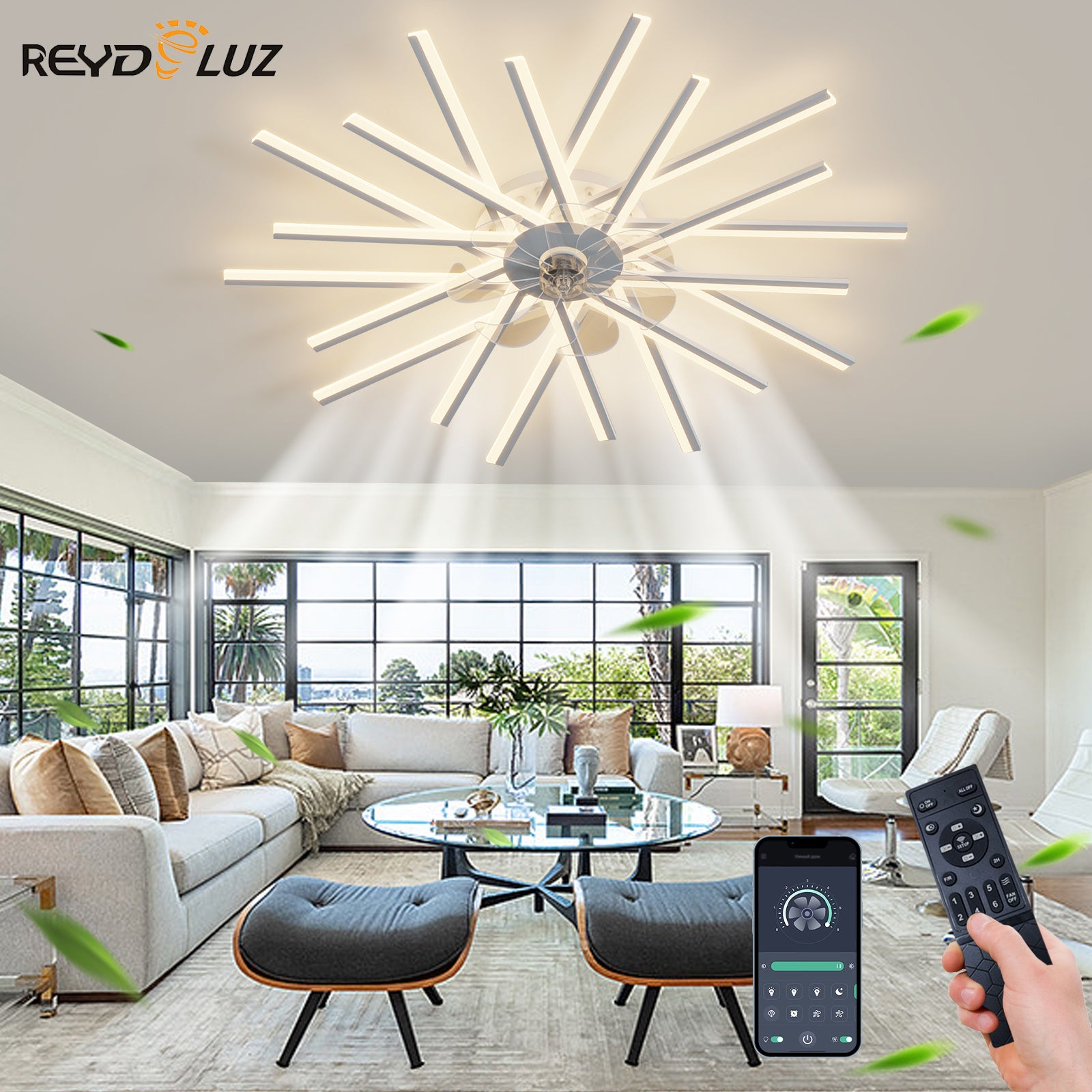 REYDELUZ Ceiling Fan with Lights, Led Ceiling Fan Bedroom Ceiling Lamp Remote Control 3 Colors Switching Dimming Intelligent 6 Wind Speed Living Room Fan Ceiling Lamp.