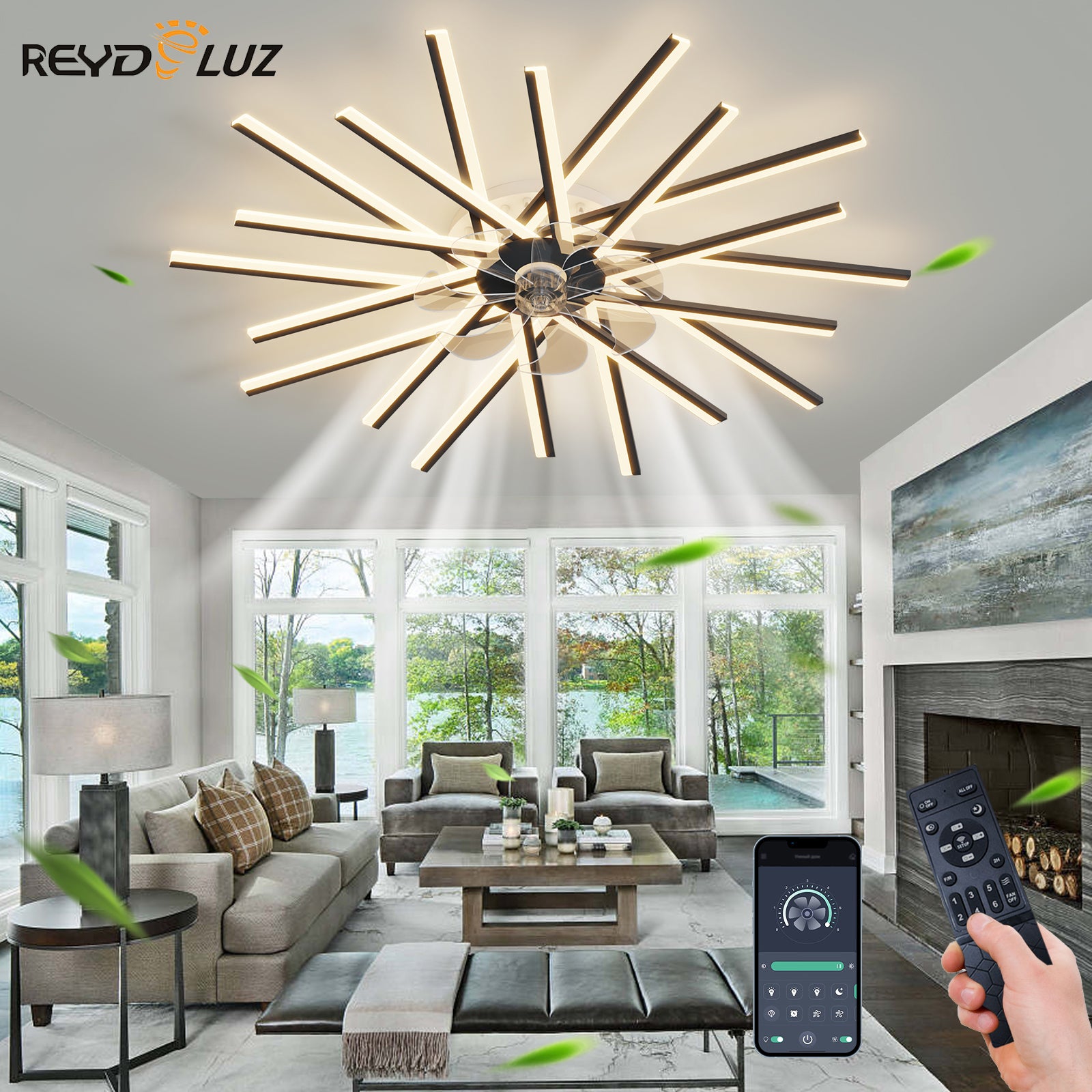 REYDELUZ Ceiling Fan with Lights, Led Ceiling Fan Bedroom Ceiling Lamp Remote Control 3 Colors Switching Dimming Intelligent 6 Wind Speed Living Room Fan Ceiling Lamp.