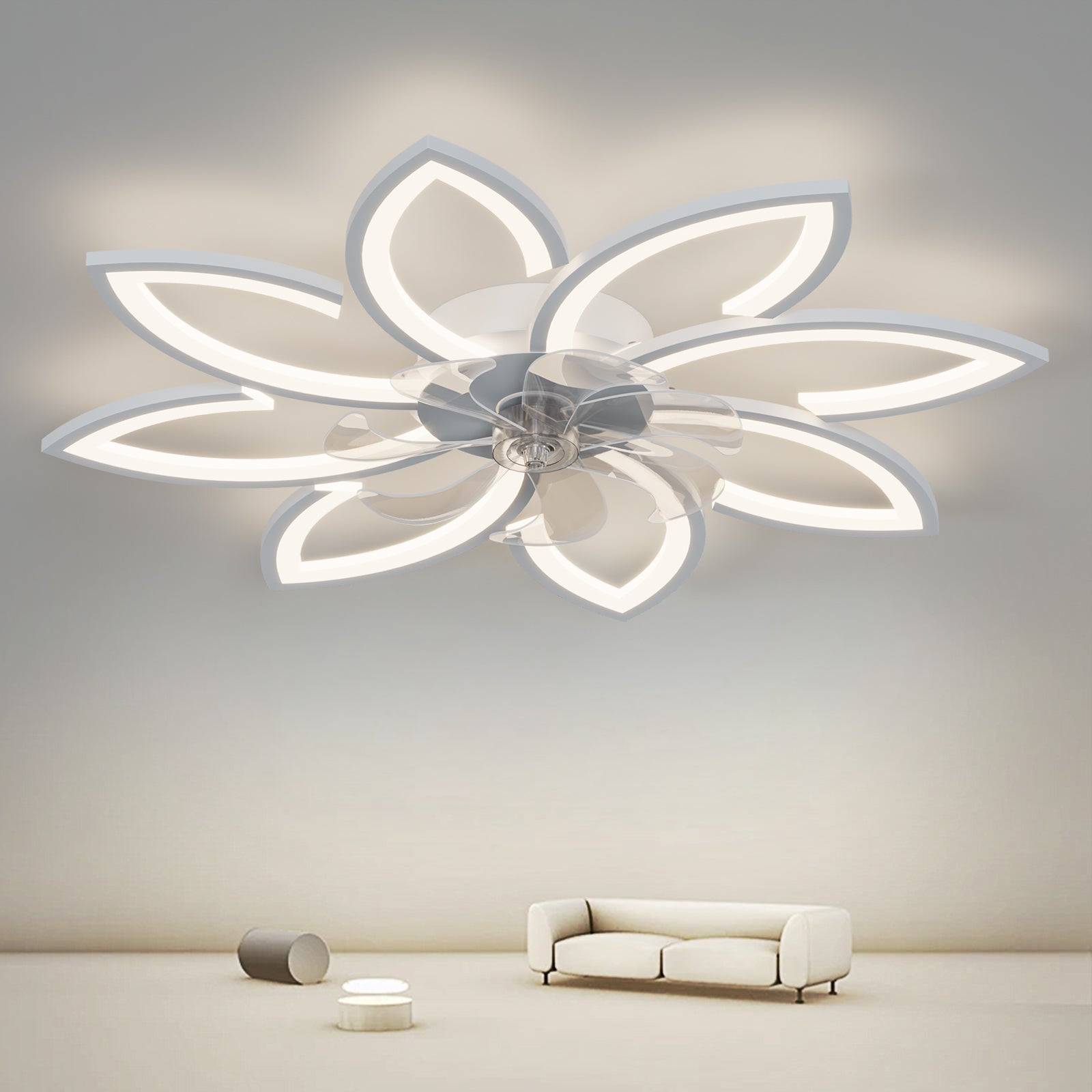 REYDELUZ 35" Ceiling Fan with Lamp, Led Ceiling Fan Flower Shape Bedroom Ceiling Lamp Remote Control 3 Colors Switching 6 Wind Speed for Bedroom，Living Room Fan Ceiling Lamp