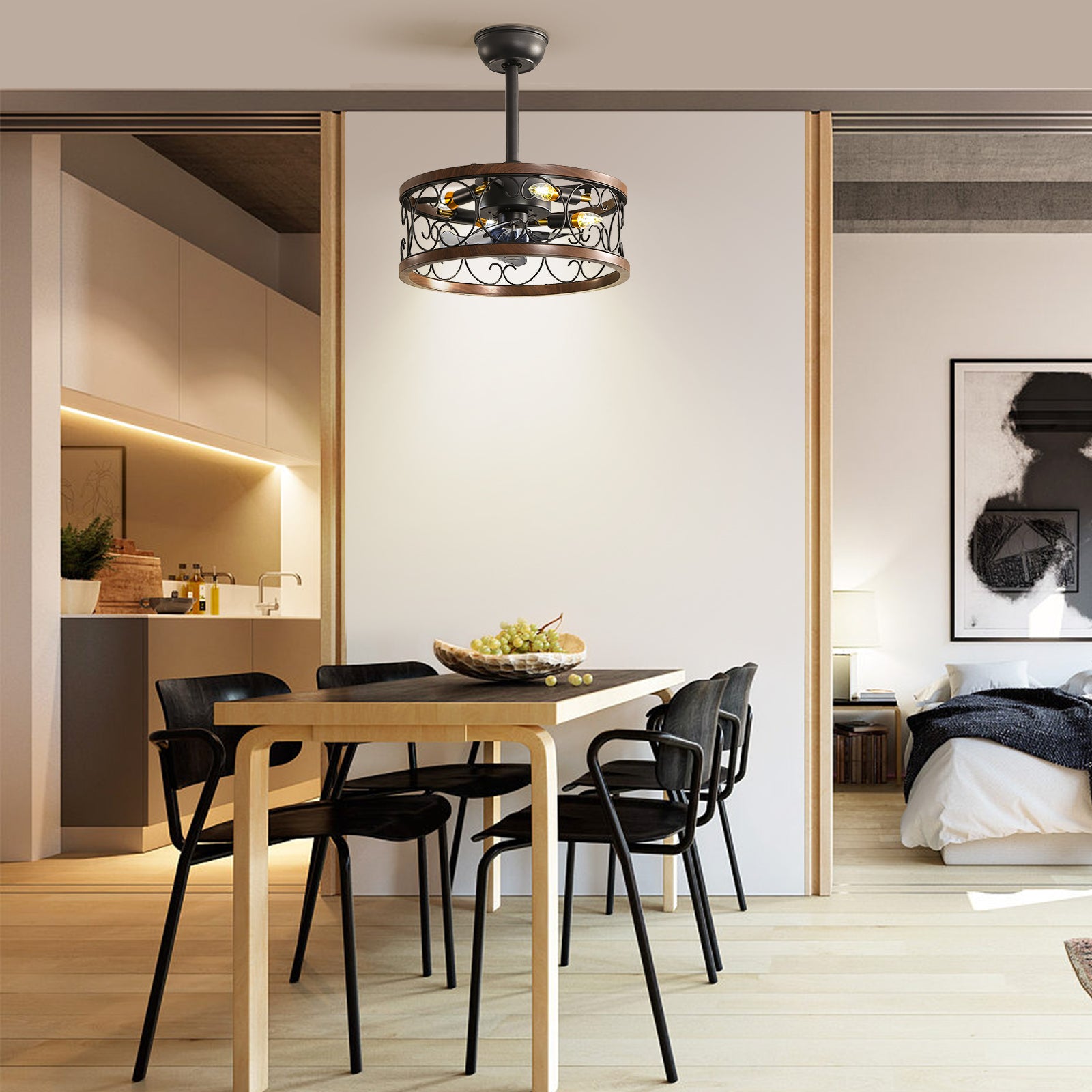 MS-0001 American retro E27 / E14 ceiling fan light and ceiling fan chandelier, monochromatic lamp and 6 gear wind speed, can be controlled using a remote control, suitable for bedroom study dining room etc
