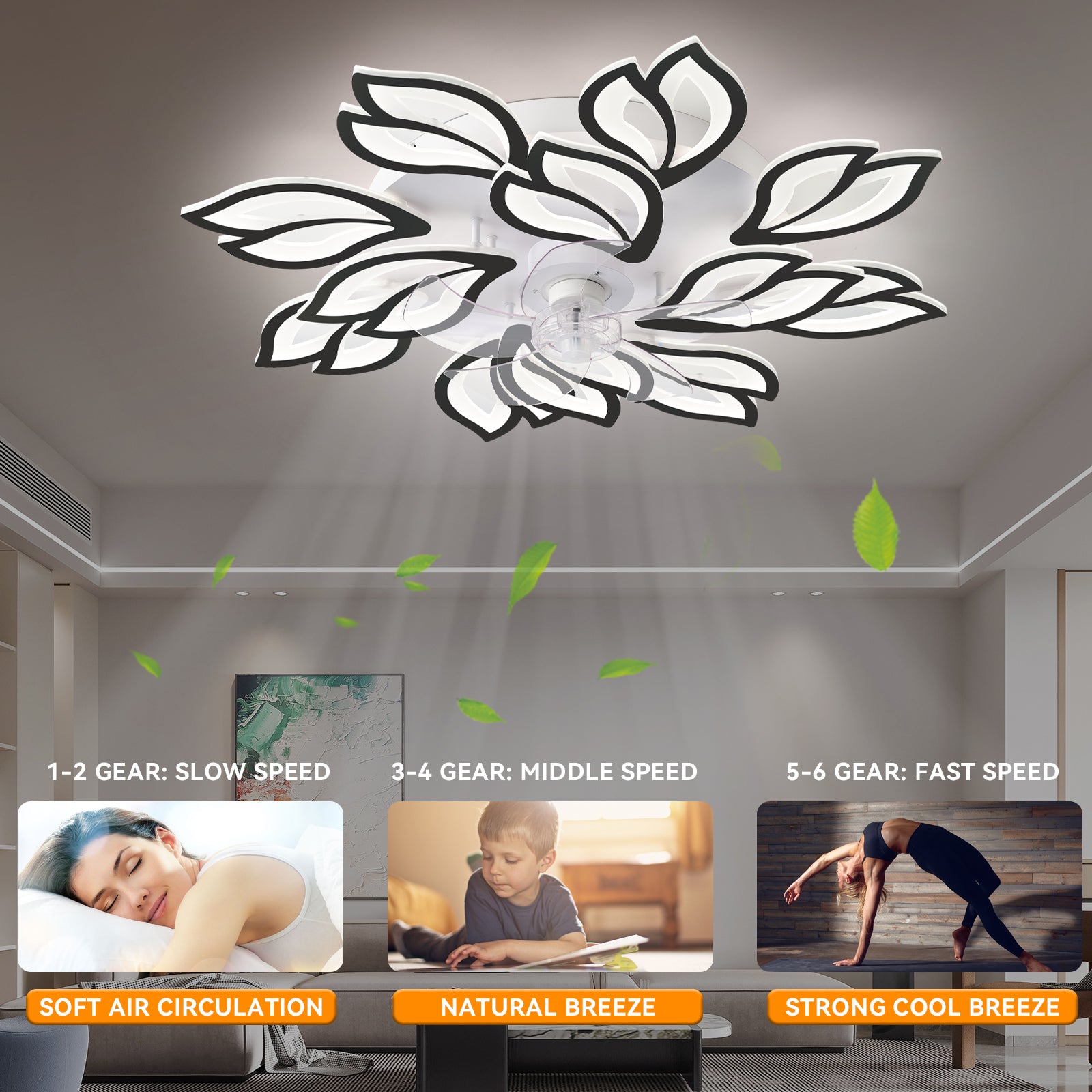 REYDELUZ 35" Modern Ceiling Fan with Lights and Remote & APP Control, Dimmable 6 Speed Reversible Blades, LED Flush Mount Low Profile Fan Light,Bladeless Ceiling Fan with Smart Timing