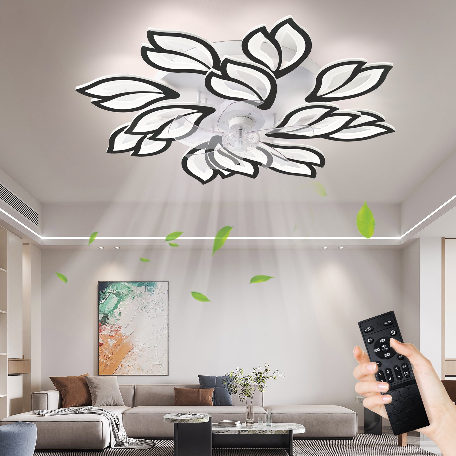 REYDELUZ 35" Modern Ceiling Fan with Lights and Remote & APP Control, Dimmable 6 Speed Reversible Blades, LED Flush Mount Low Profile Fan Light,Bladeless Ceiling Fan with Smart Timing