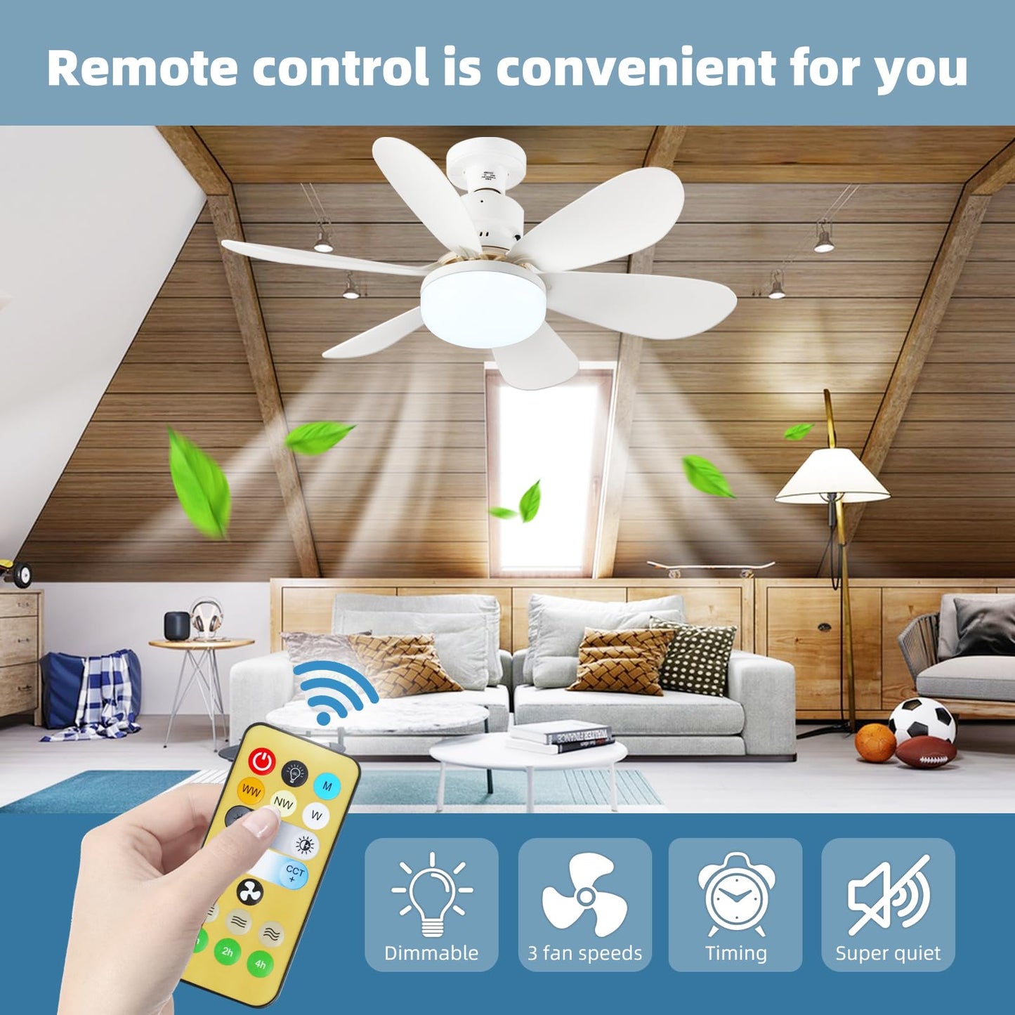 REYDELUZ 20.5" Socket Fan Light with Remote for Kitchen, Bedroom.