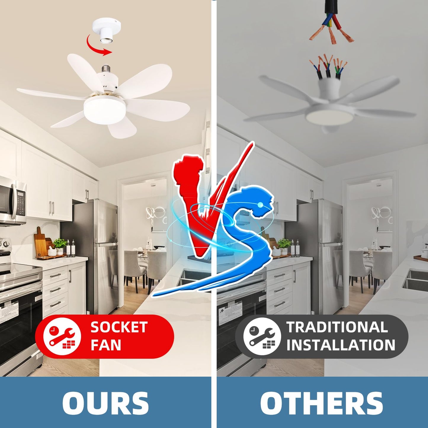 REYDELUZ 20.5" Socket Fan Light with Remote for Kitchen, Bedroom.