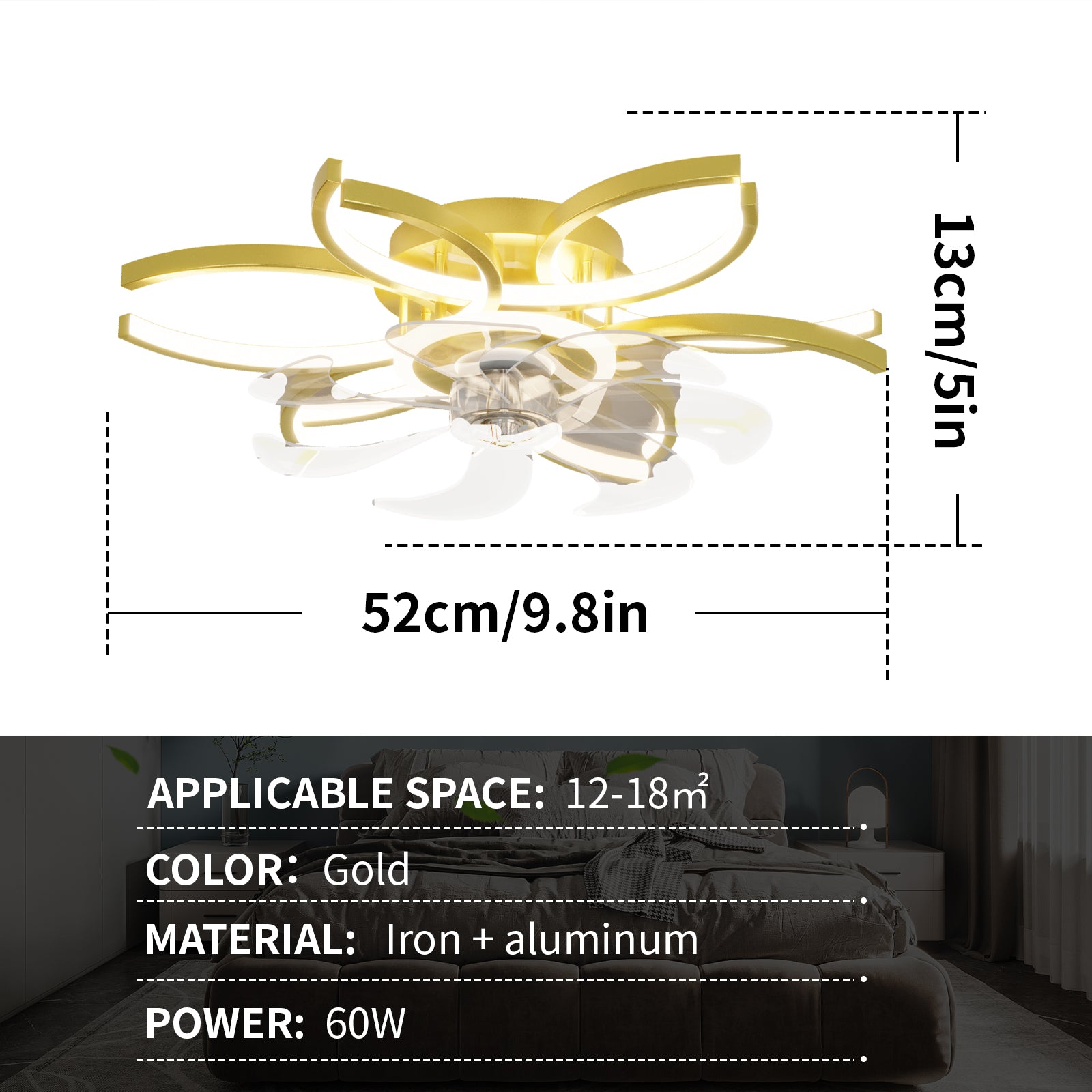 REYDELUZ Ceiling Lamp with Fan 20.4-Inch 48w Dimmable Led Ceiling Lamp with Remote Control Adjustable Wind Speed Suitable for Fan Lamp in Living Room and Bedroom