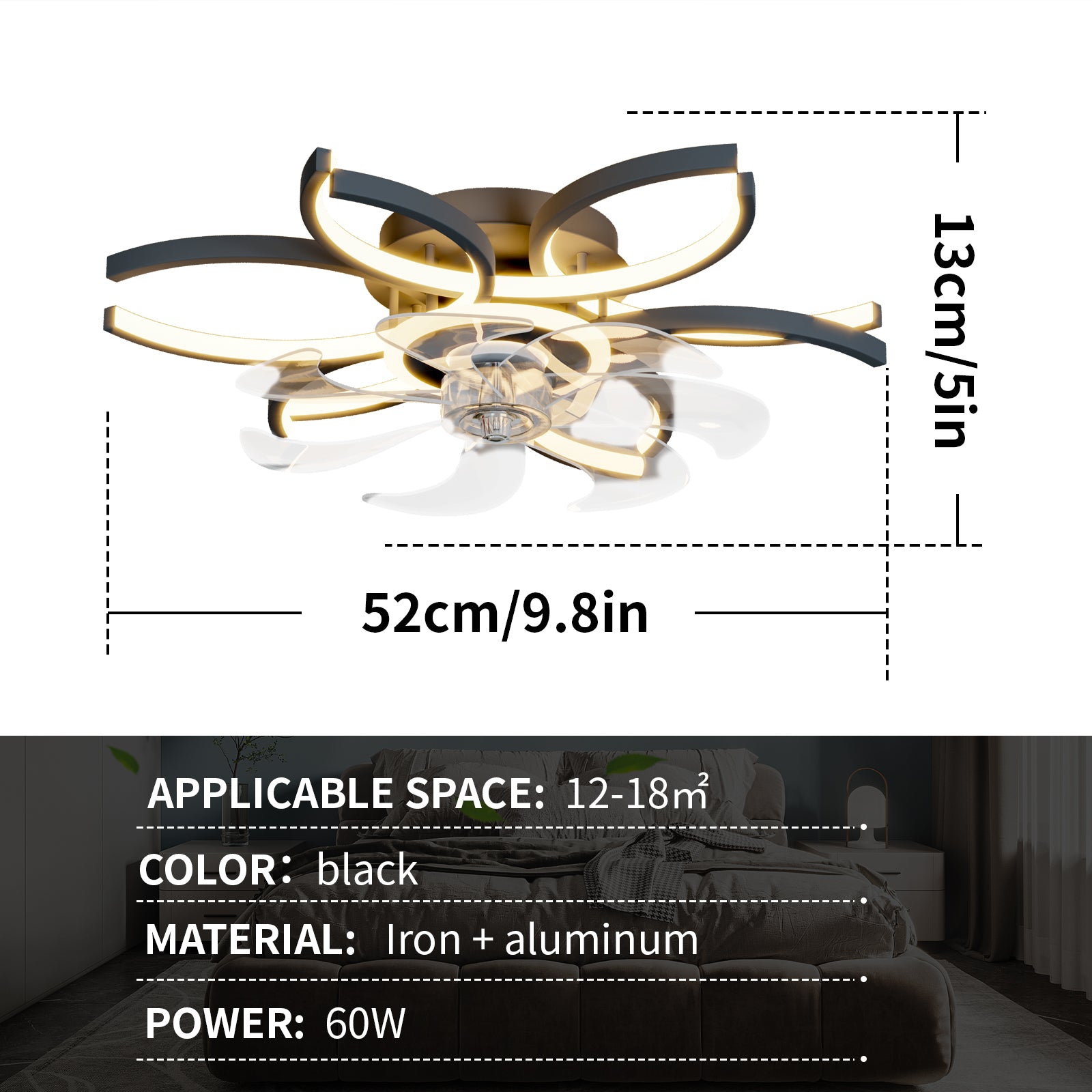 REYDELUZ Ceiling Lamp with Fan 20.4-Inch 48w Dimmable Led Ceiling Lamp with Remote Control Adjustable Wind Speed Suitable for Fan Lamp in Living Room and Bedroom