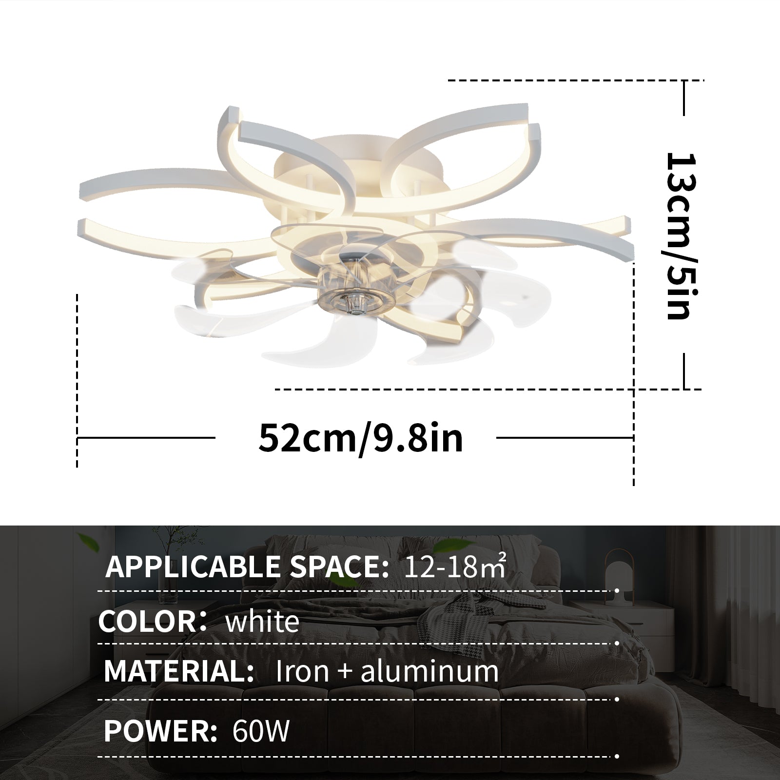 REYDELUZ Ceiling Lamp with Fan 20.4-Inch 48w Dimmable Led Ceiling Lamp with Remote Control Adjustable Wind Speed Suitable for Fan Lamp in Living Room and Bedroom