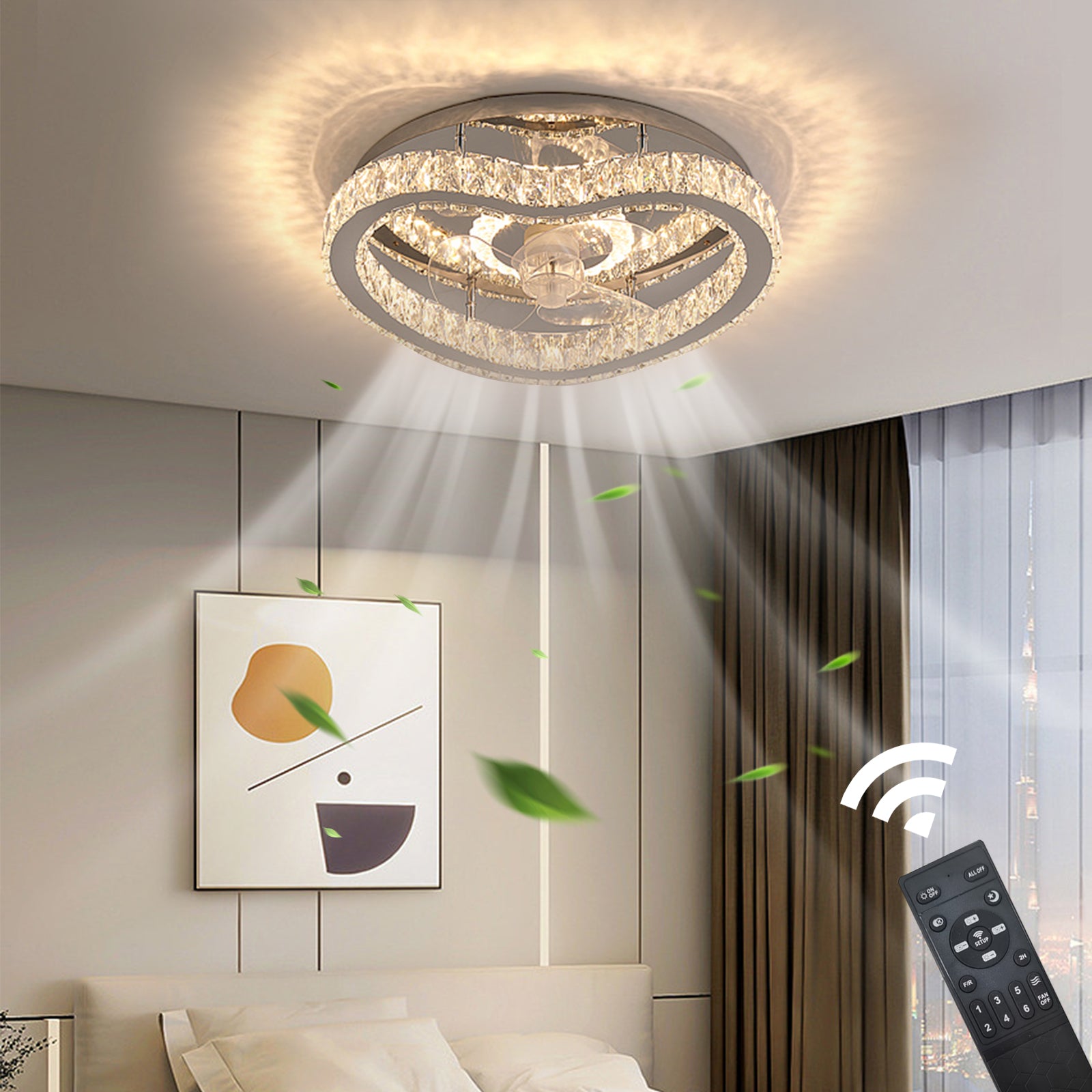 Crystal lamp Modern 23.6 inch LED crystal chandelier has 6-speed adjustment and 3-color adjustment function REYDELUZ