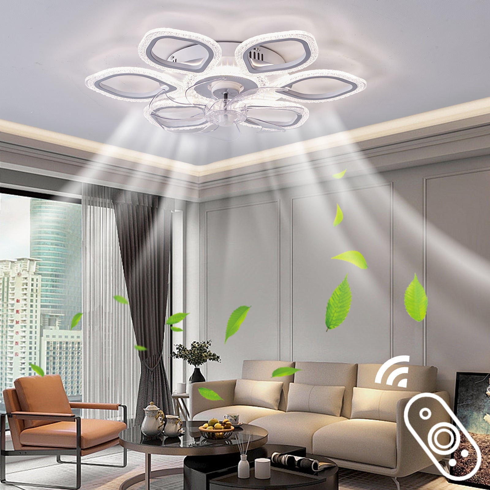 REYDELUZ 25.6'' Ceiling Fan with Light and Remote Control to Adjust Three Colors of Lights and Six-Speed Wind Speed is White Flower-Shaped and Suitable for Bedroom and Dining Room