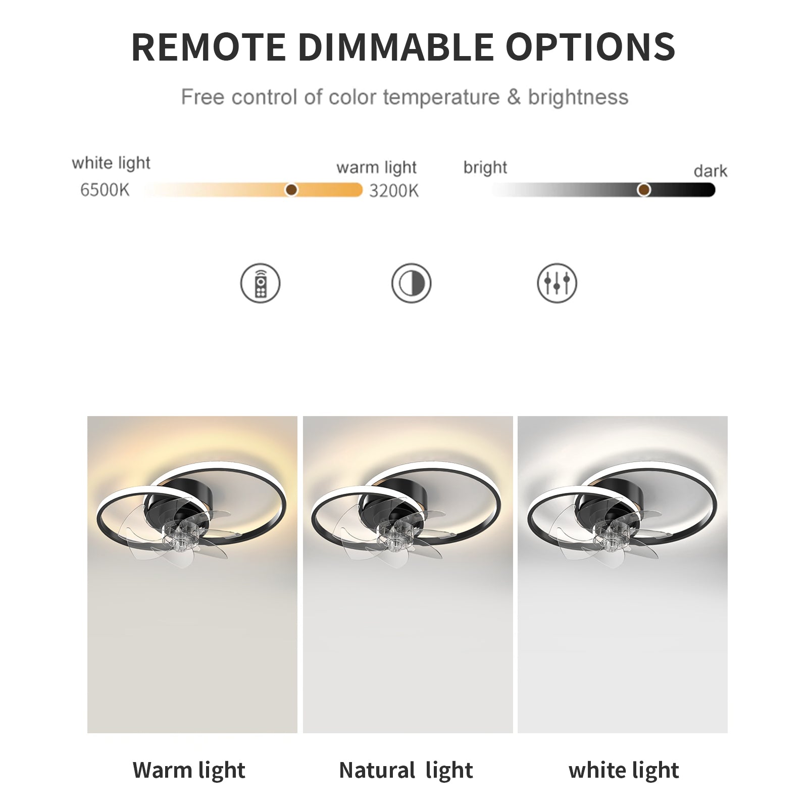 REYDELUZ 19.6 Inch Ceiling Fan Equipped with Light and Remote Control Device Adjustable Tricolor Light Suitable for Bedrooms and Restaurants