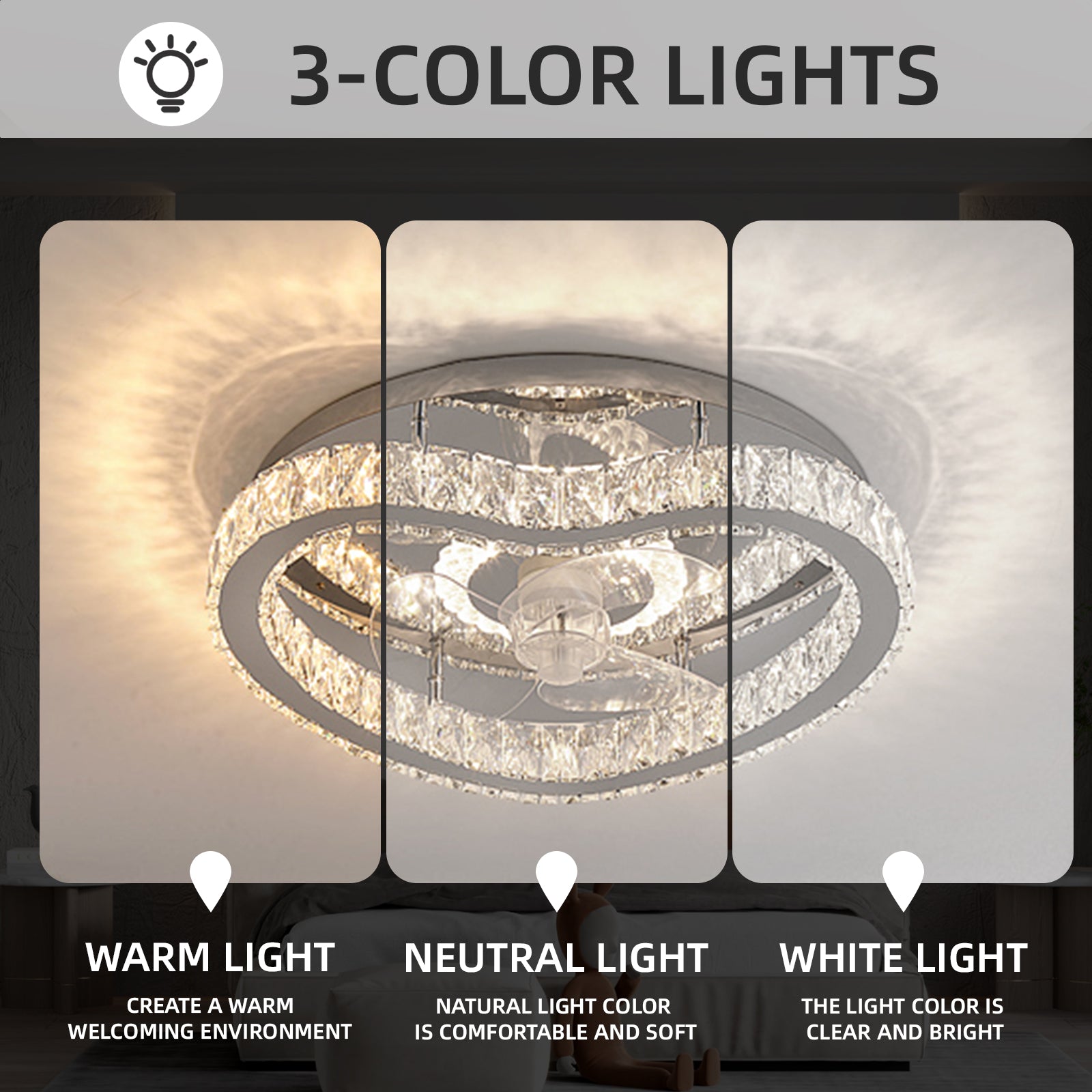 Crystal lamp Modern 23.6 inch LED crystal chandelier has 6-speed adjustment and 3-color adjustment function REYDELUZ