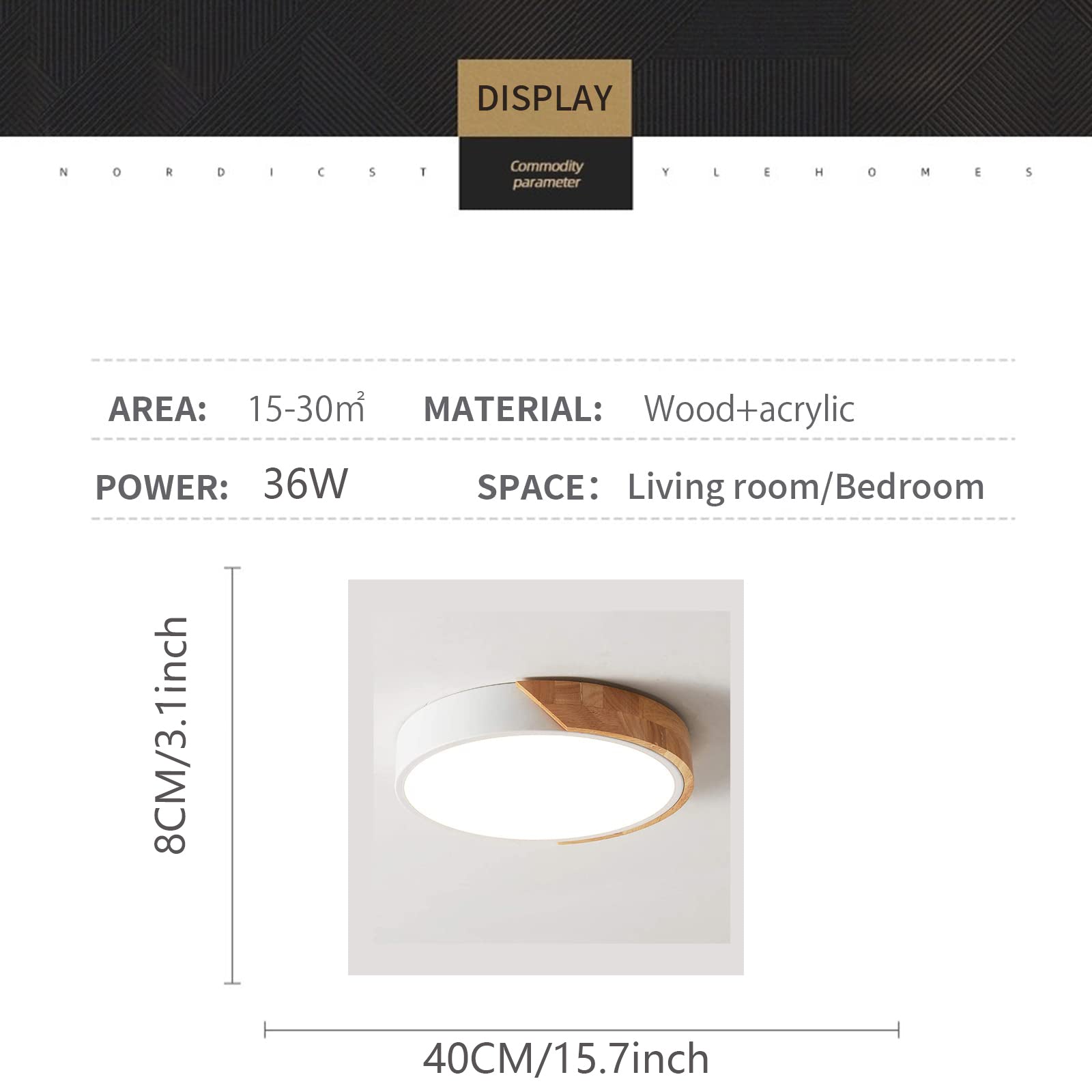 WDENI Ceiling Lights Dimmable Modern Wood Flush Mount Ceiling Light, Light Fitting Ceiling for Living Room Bedroom Kitchen Lounge Hallway, 15.7Inch,36W