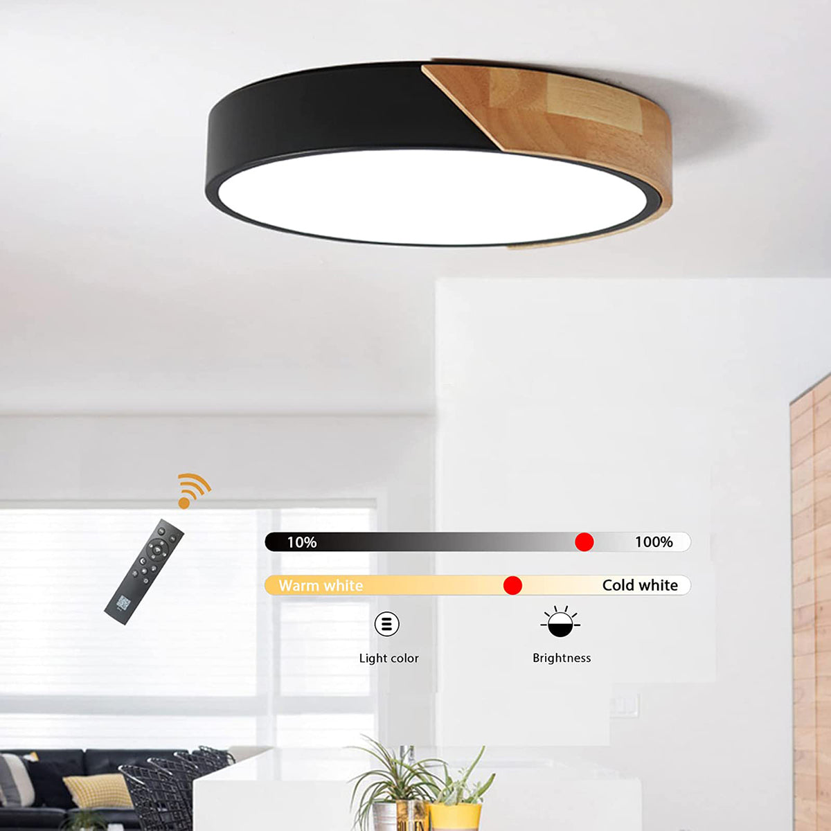 WDENI Ceiling Lights Dimmable Modern Wood Flush Mount Ceiling Light, Light Fitting Ceiling for Living Room Bedroom Kitchen Lounge Hallway, 15.7Inch,36W