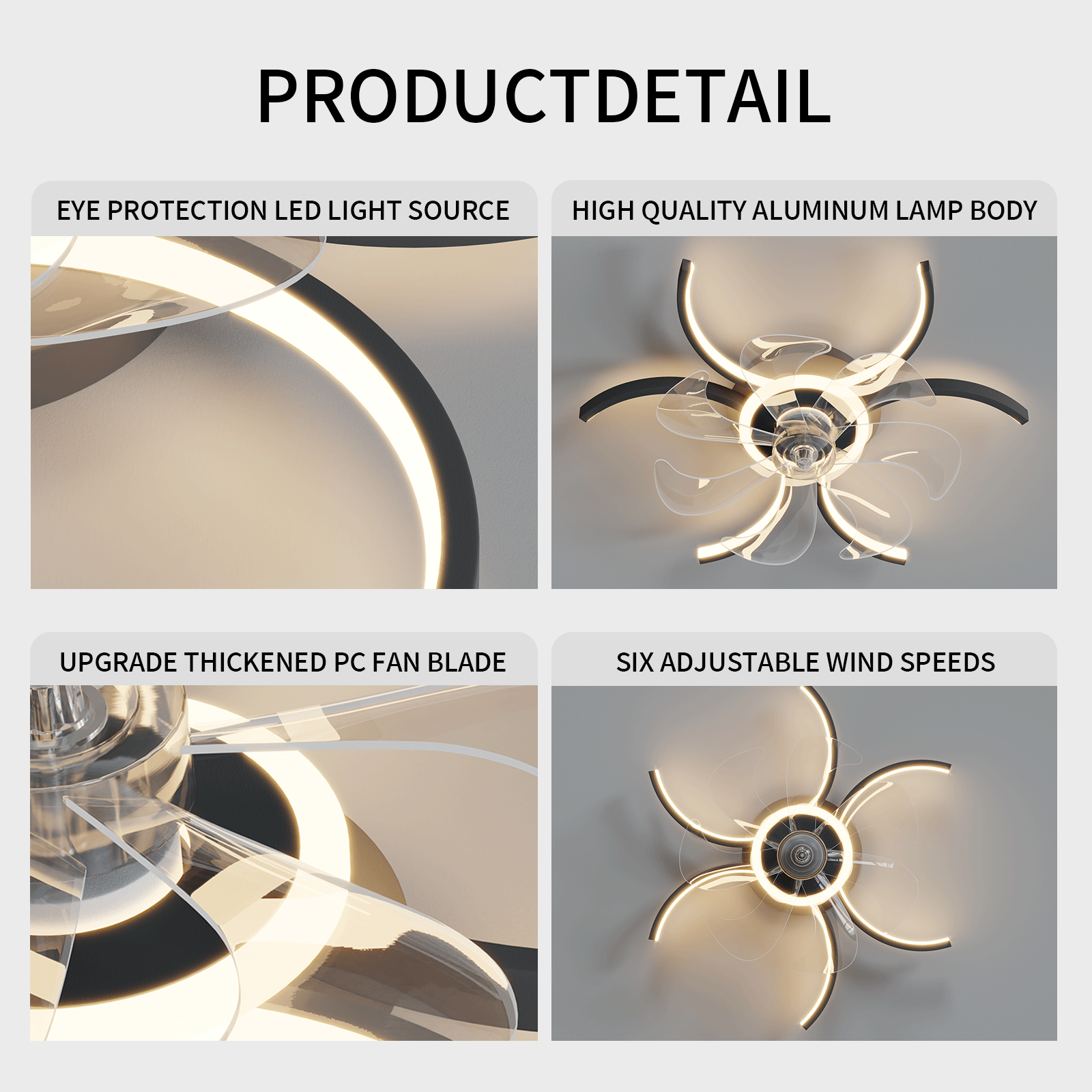 REYDELUZ Ceiling Lamp with Fan 20.4-Inch 48w Dimmable Led Ceiling Lamp with Remote Control Adjustable Wind Speed Suitable for Fan Lamp in Living Room and Bedroom