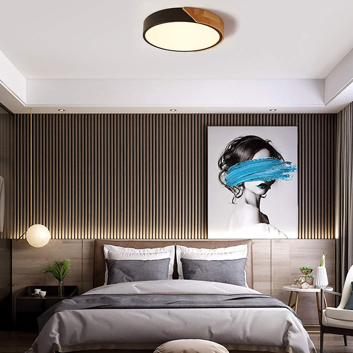 WDENI Ceiling Lights Dimmable Modern Wood Flush Mount Ceiling Light, Light Fitting Ceiling for Living Room Bedroom Kitchen Lounge Hallway, 15.7Inch,36W
