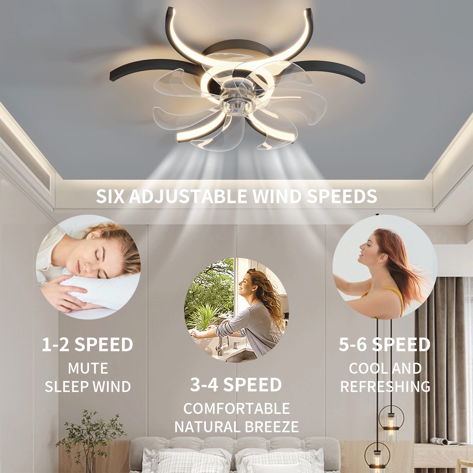 REYDELUZ Ceiling Lamp with Fan 20.4-Inch 48w Dimmable Led Ceiling Lamp with Remote Control Adjustable Wind Speed Suitable for Fan Lamp in Living Room and Bedroom