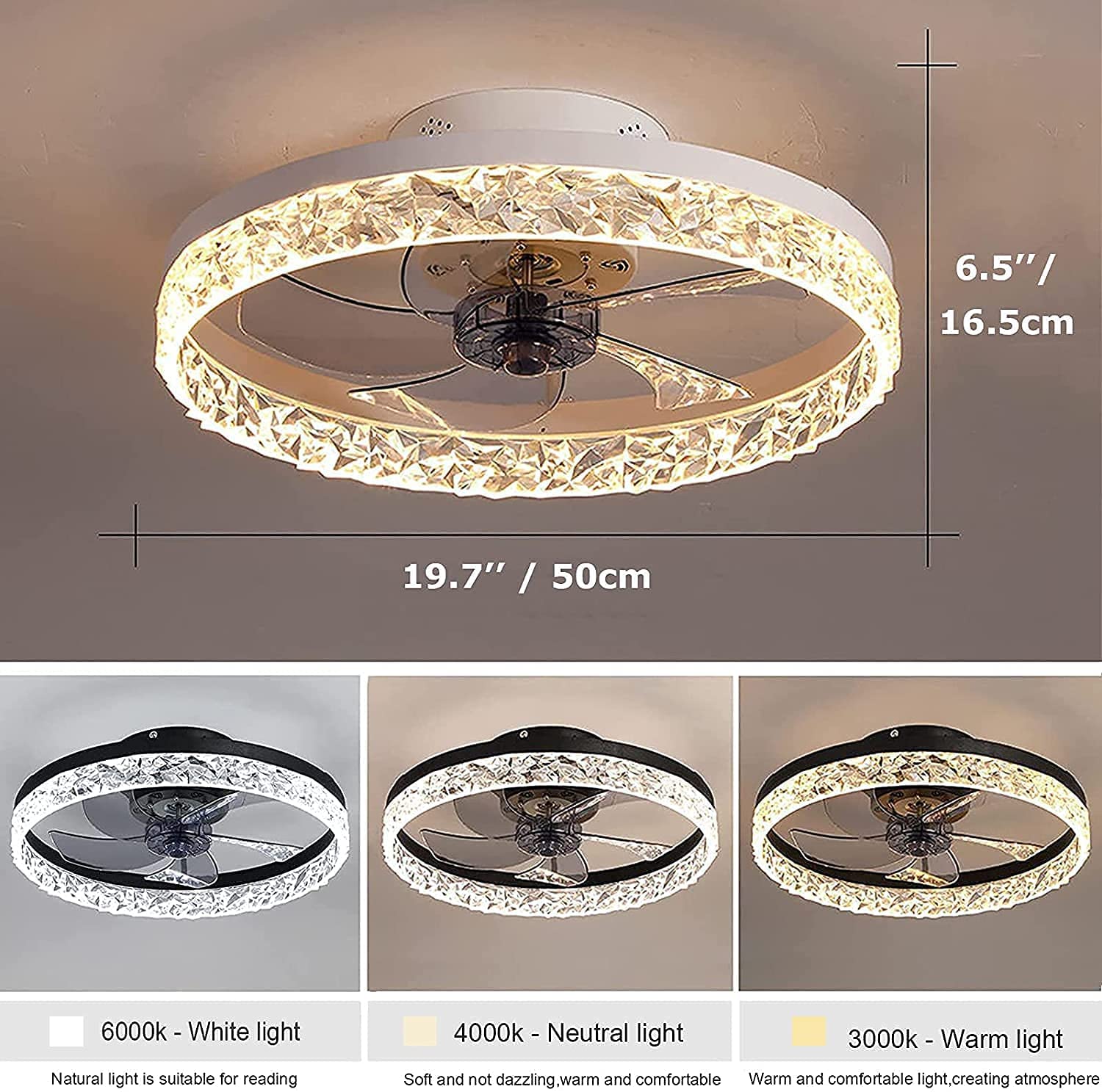 REYDELUZ 19.6 inches LED Ceiling Fan with Light for Living Room Bedroom and Indoor Home Decoration with Three Color Dimming Remote Control