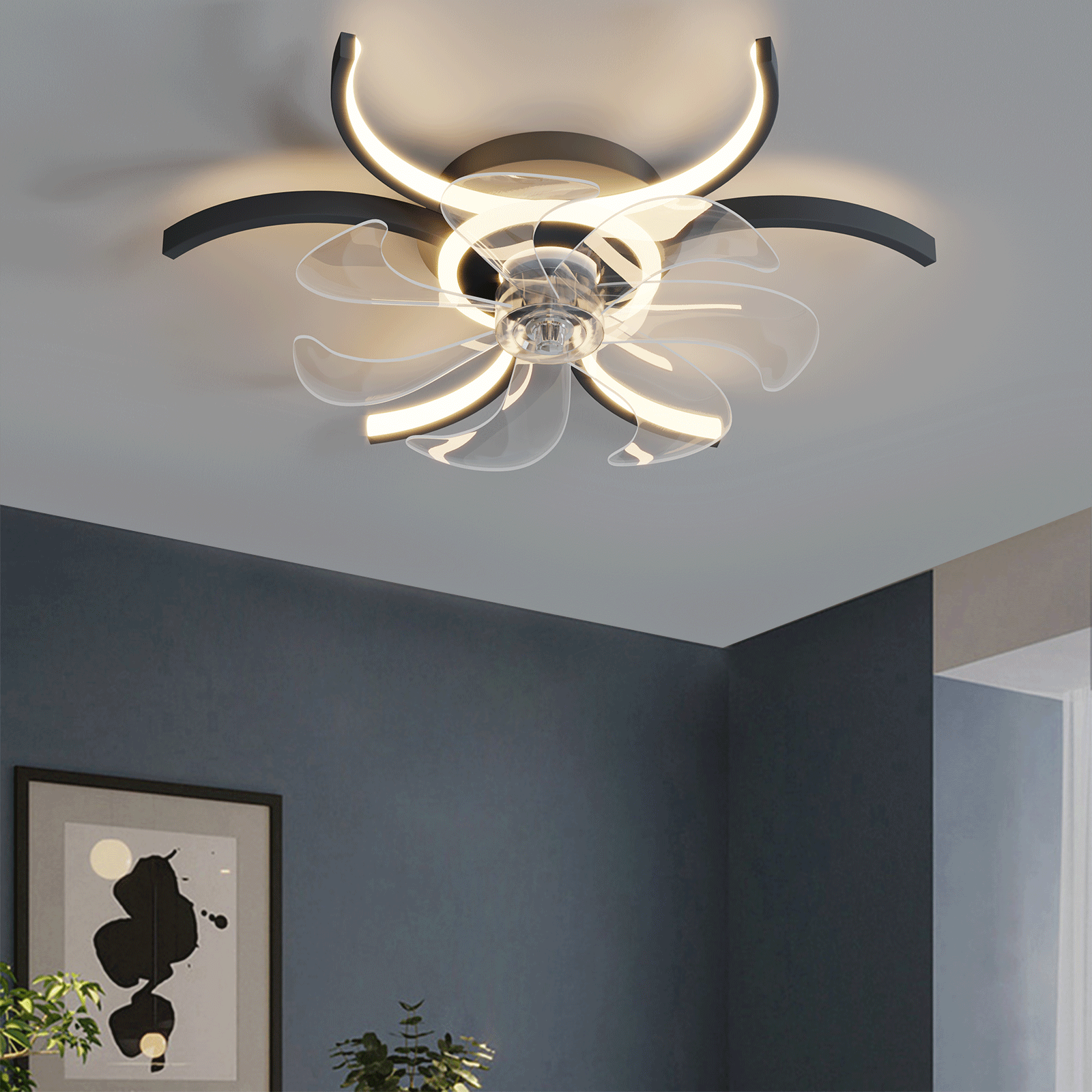 REYDELUZ Ceiling Lamp with Fan 20.4-Inch 48w Dimmable Led Ceiling Lamp with Remote Control Adjustable Wind Speed Suitable for Fan Lamp in Living Room and Bedroom