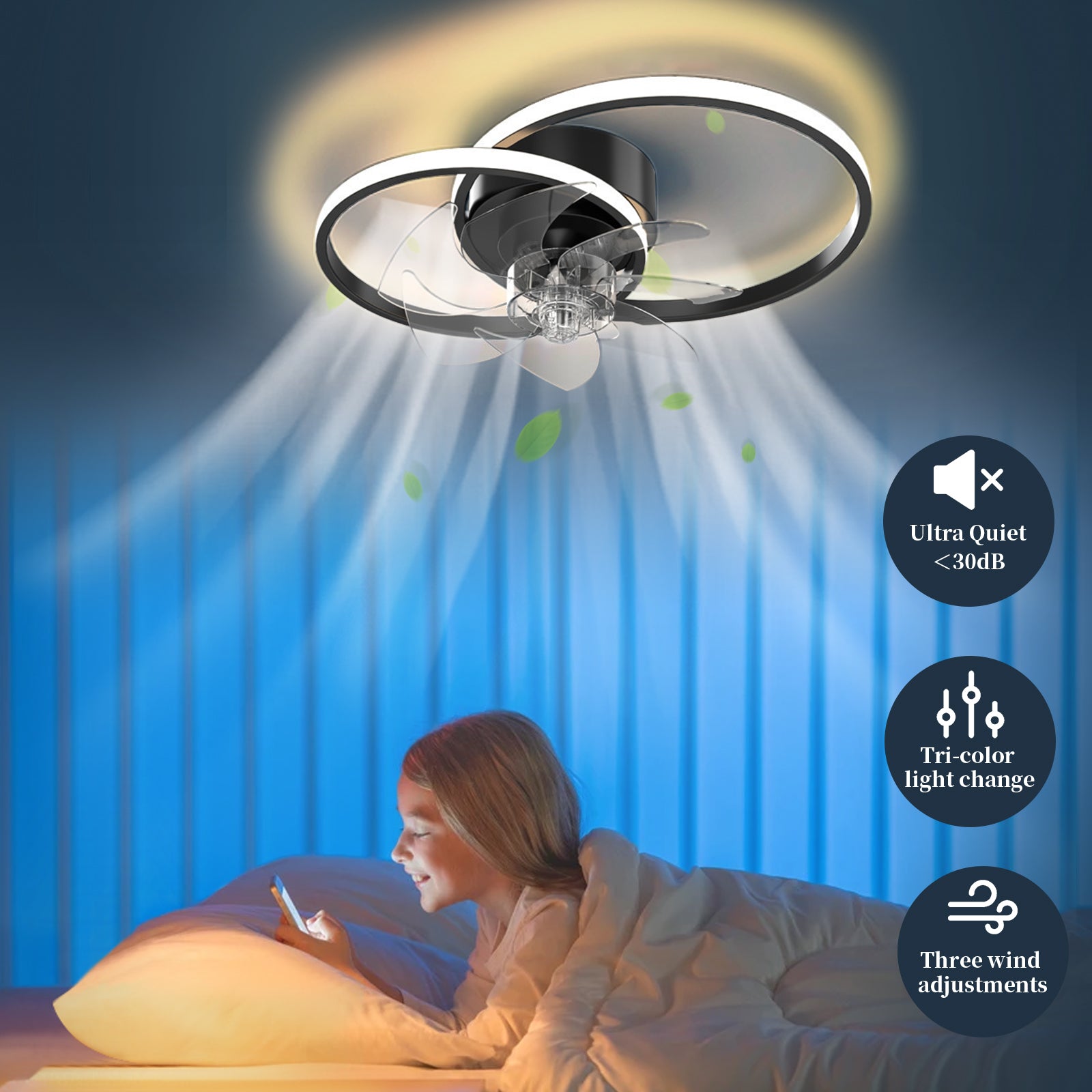 REYDELUZ 19.6 Inch Ceiling Fan Equipped with Light and Remote Control Device Adjustable Tricolor Light Suitable for Bedrooms and Restaurants